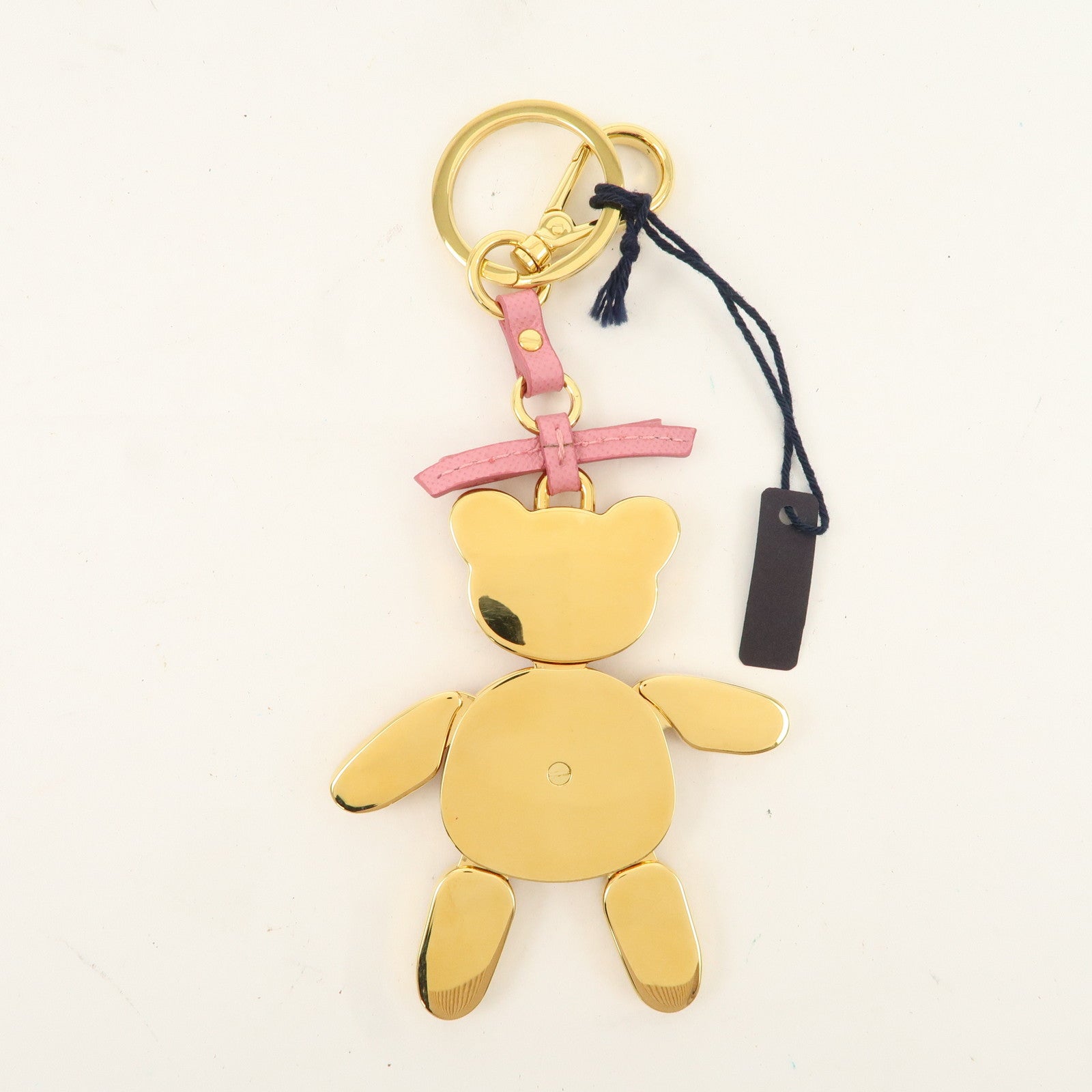 PRADA Saffiano Leather Metal Bear Bag Charm Key Chain Pink