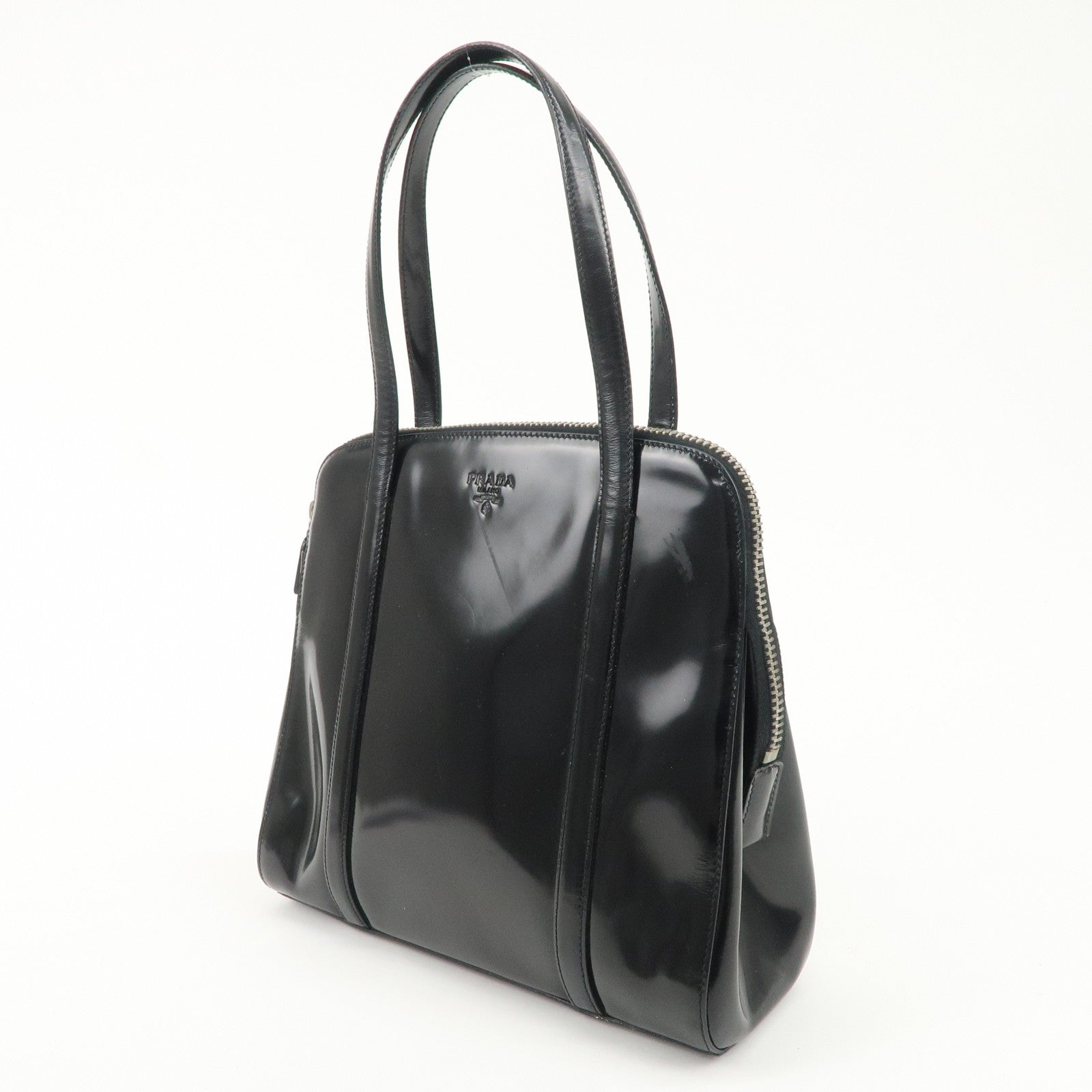 PRADA Patent Leather Tote Bag Hand Bag Black Silver HDW Used