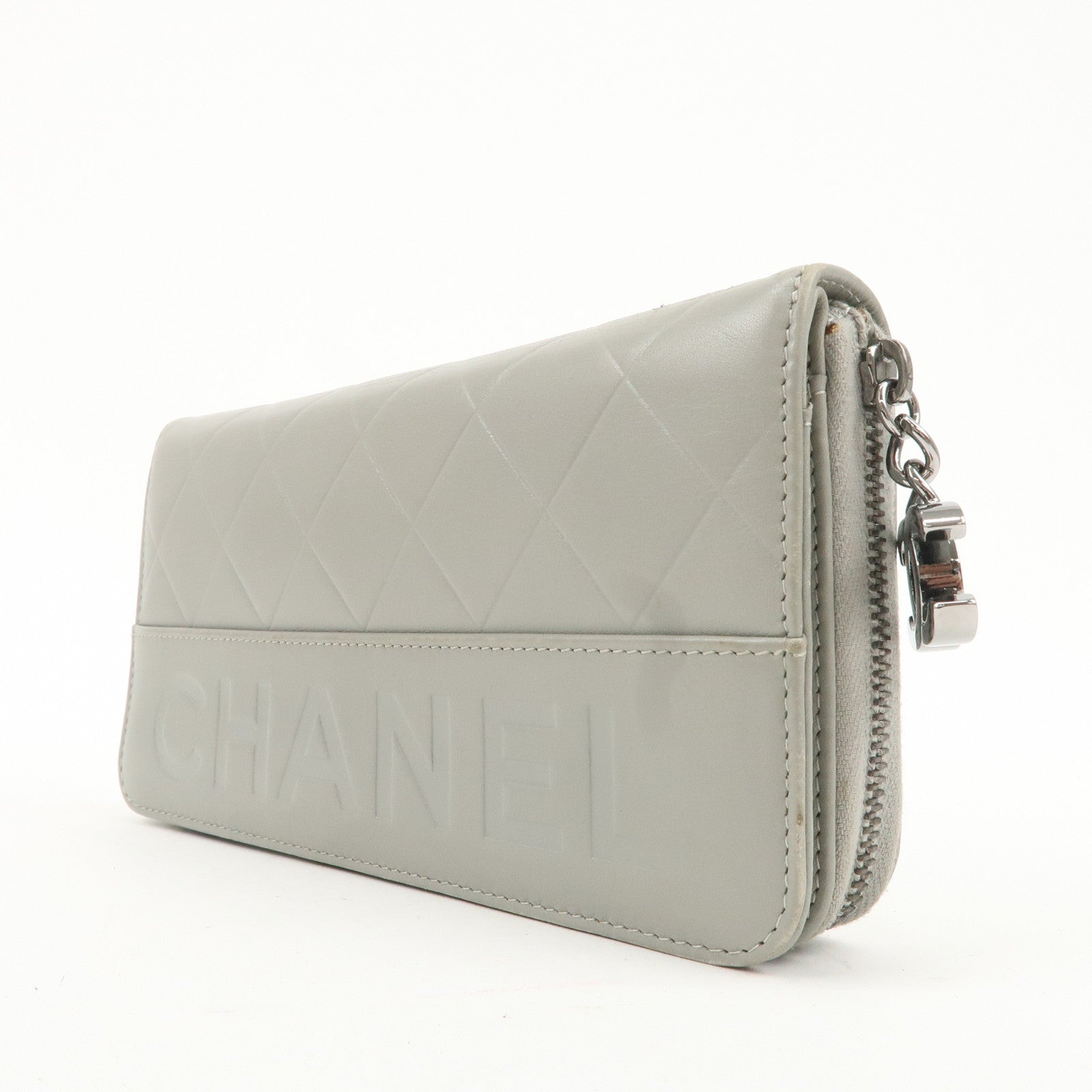 CHANEL Leather Round Zipper Long Wallet Gray Silver HDW A30071 Used