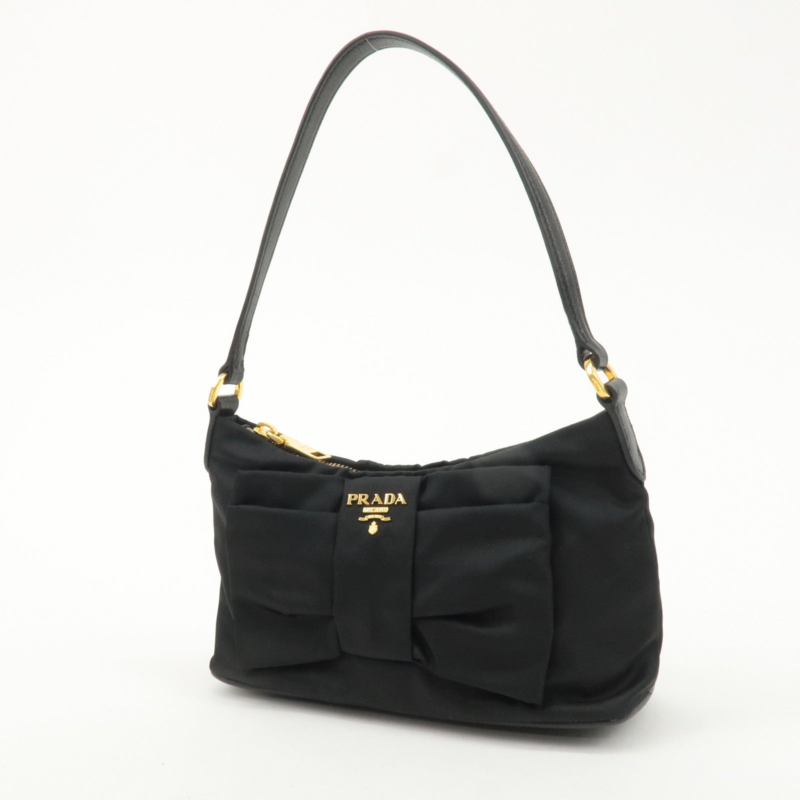 PRADA Leather Ribbon Pouch Shoulder Bag Black 1N1439