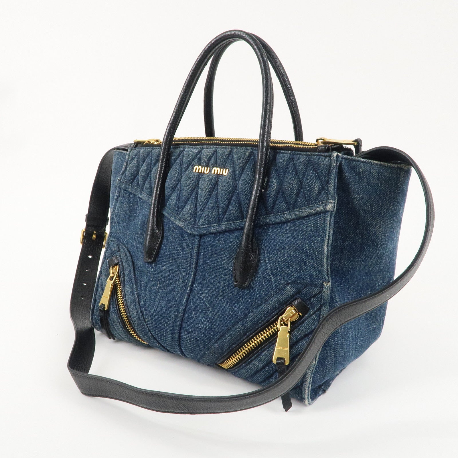 MIU MIU Denim Leather Biker 2WAY Bag Blue Black RN1031