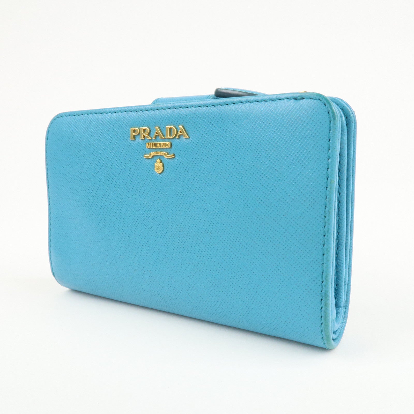 PRADA Logo Leather Bi-Fold Wallet Purse Light Blue 1ML225 Used