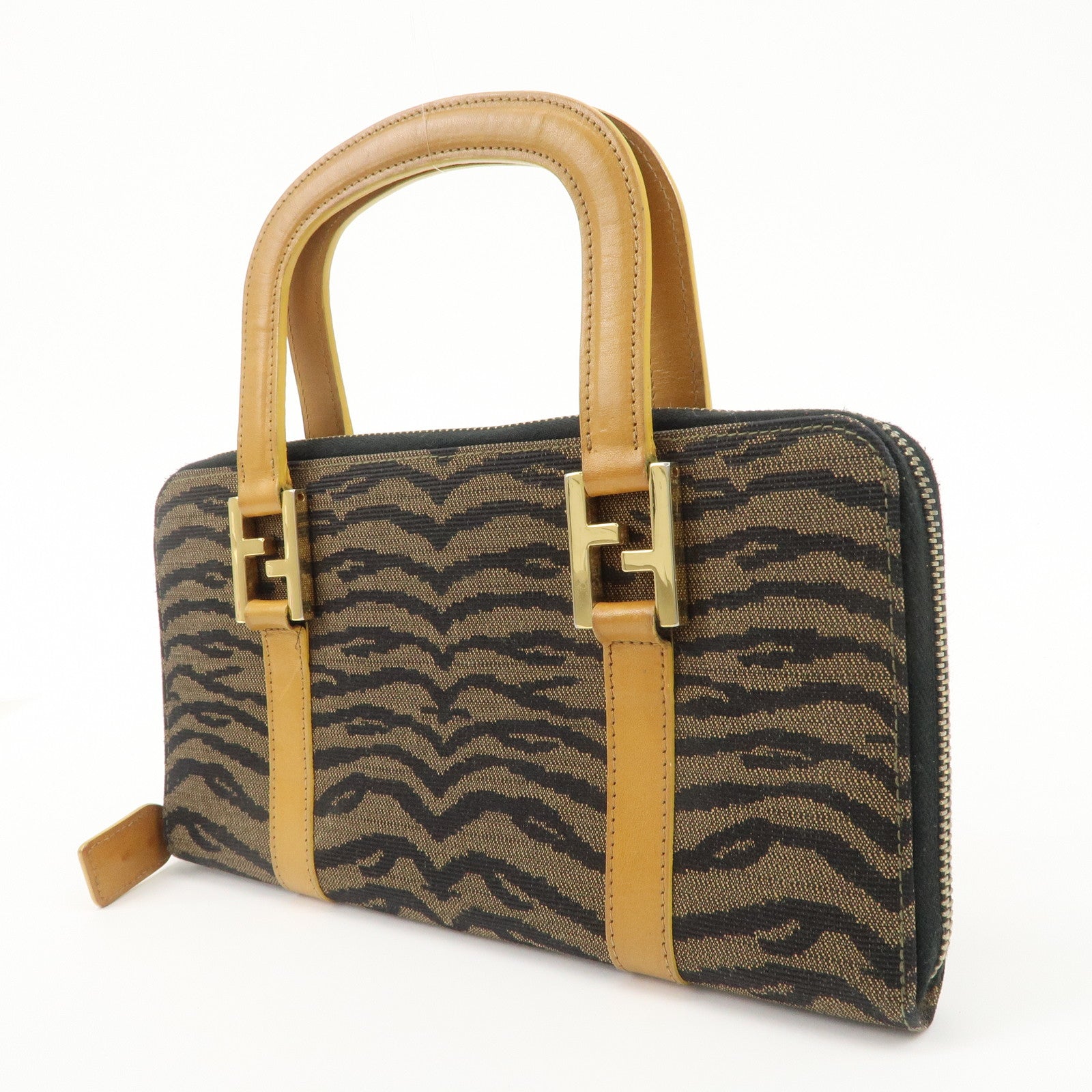 FENDI Canvas Leather Angora Hand Bag Zebra Brown Black 26347 Used