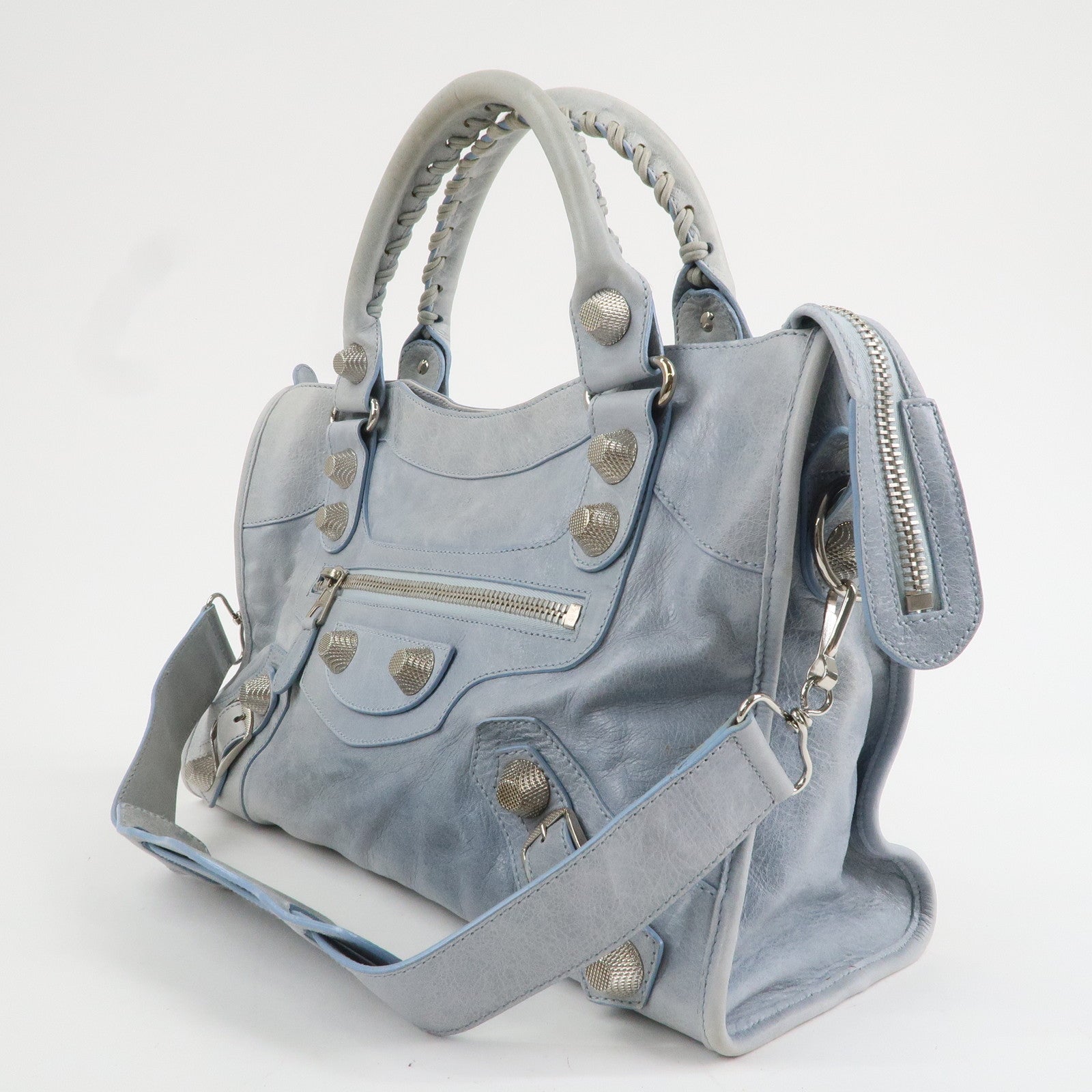 BALENCIAGA The Giant City Leather 2Way Hand Bag Light Blue 173084