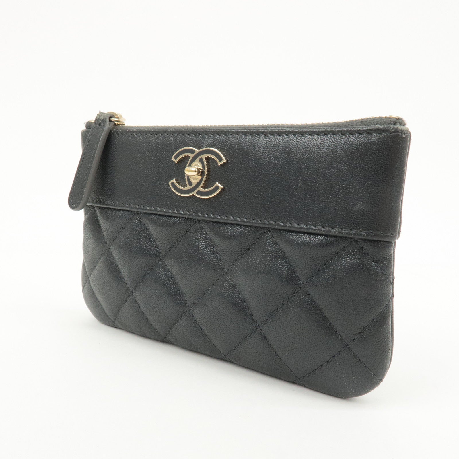 CHANEL Matelasse Lamb Skin Coco Mark Pouch Black Gold Used