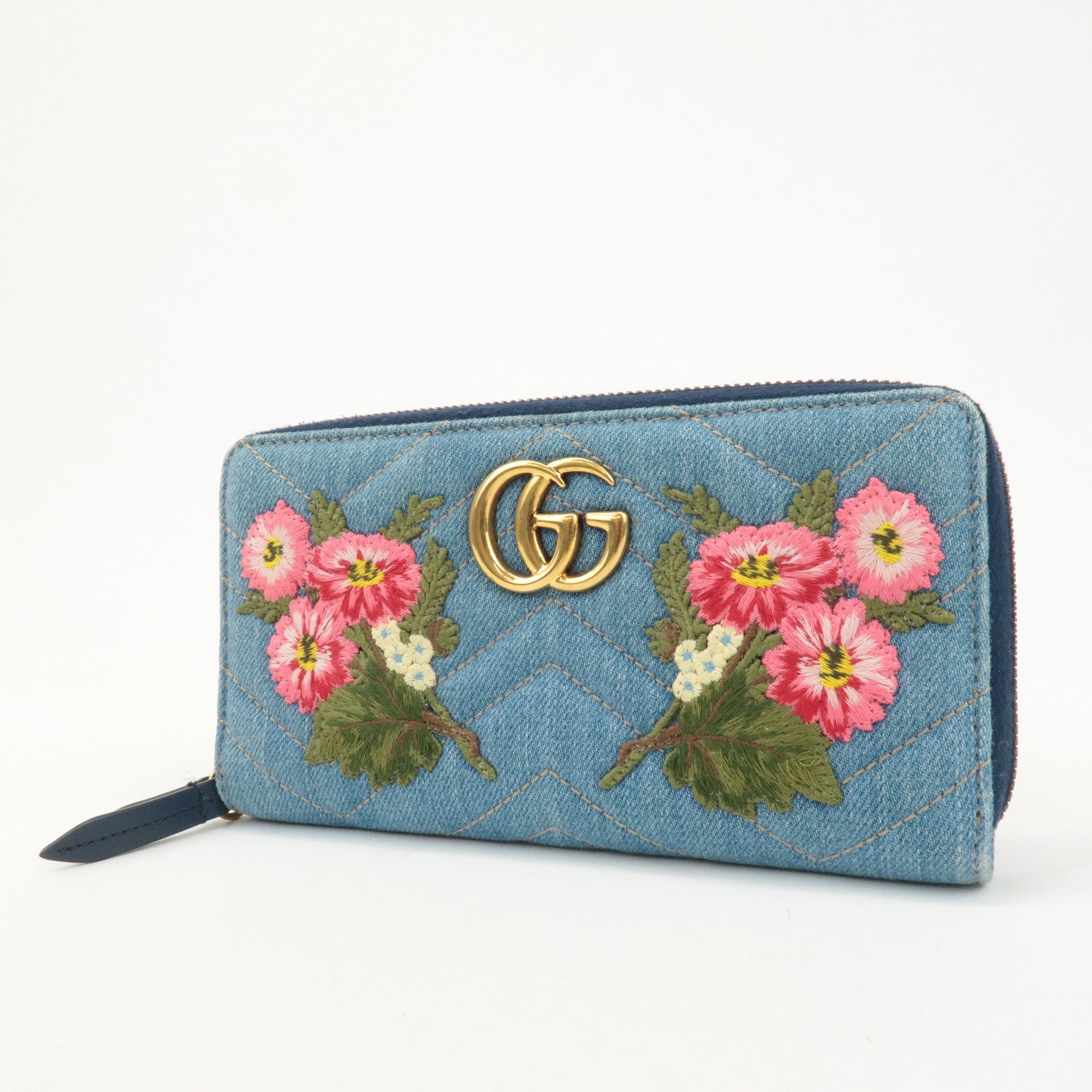 GUCCI GG Marmont Denim Zip Around Wallet Floral Pattern 443123 Used