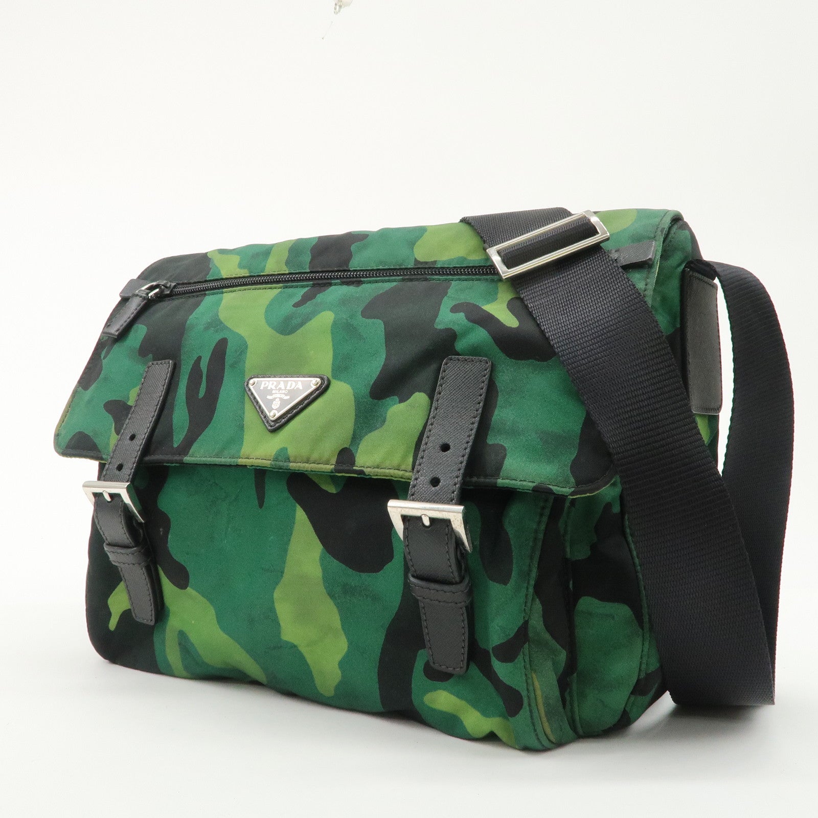 PRADA Logo Nylon Leather Camouflage Shoulder Bag Green Black