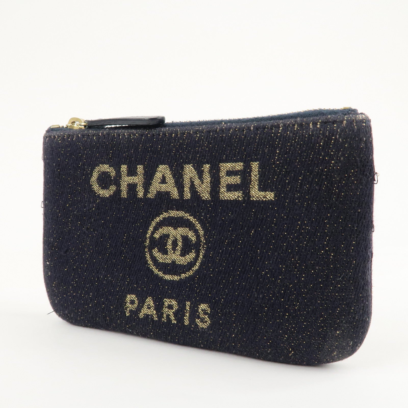 CHANEL Deauville Tweed Leather Pouch Coin Pouch Navy Gold Used