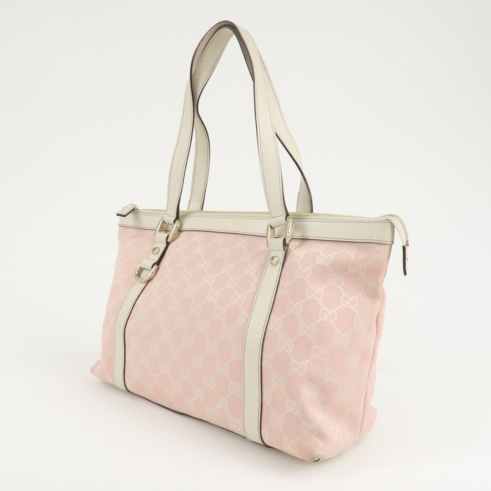 GUCCI Abbey Line GG Canvas Leather Tote Bag Pink Ivory 141470 Used