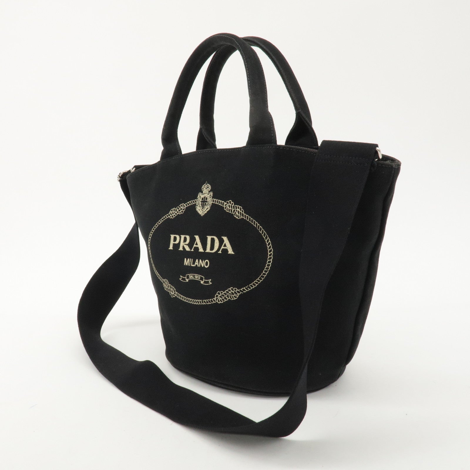 PRADA Logo Canapa Canvas Leather 2Way Bucket Bag Black 1BG163