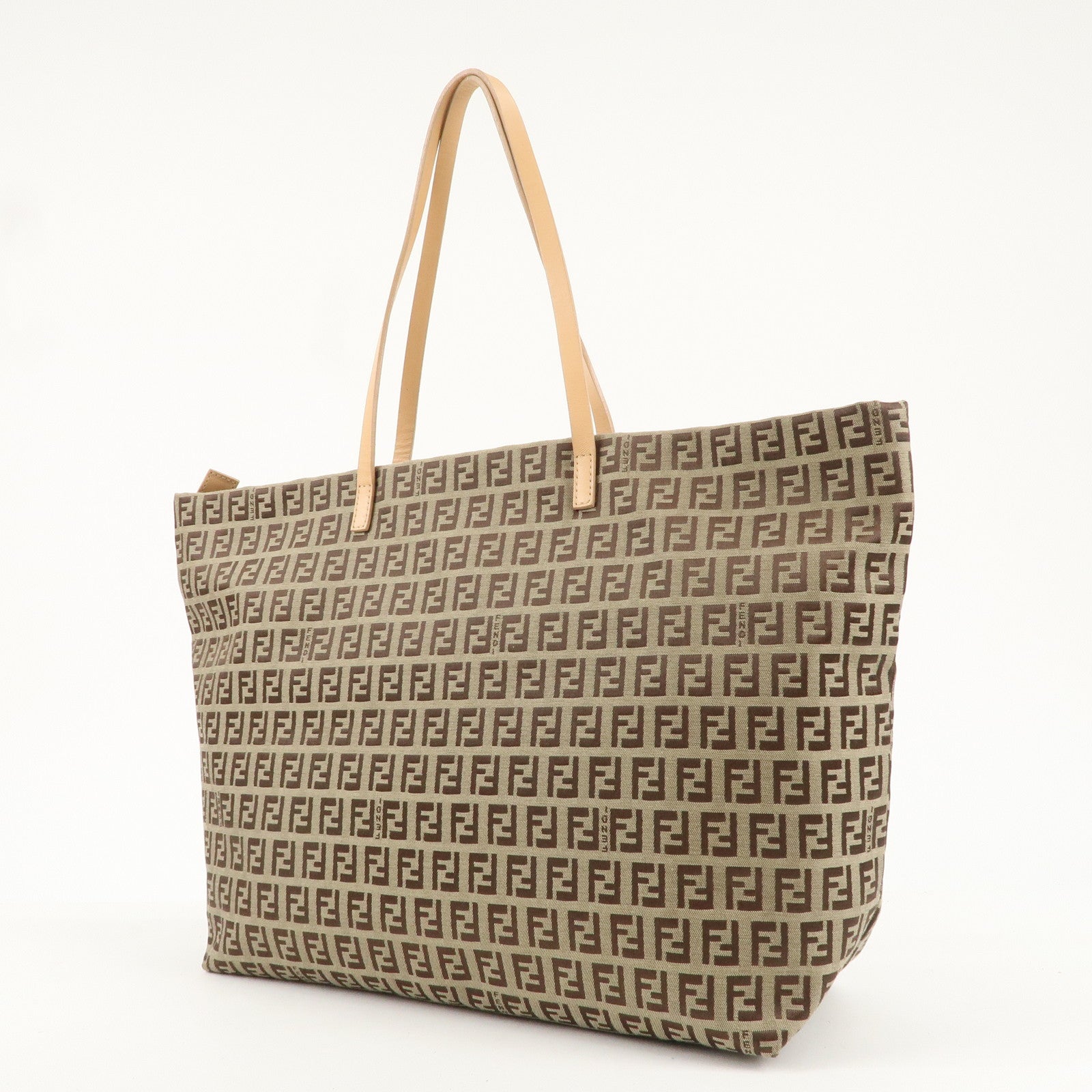 FENDI Zucchino Canvas Leather Tote Bag Beige Brown