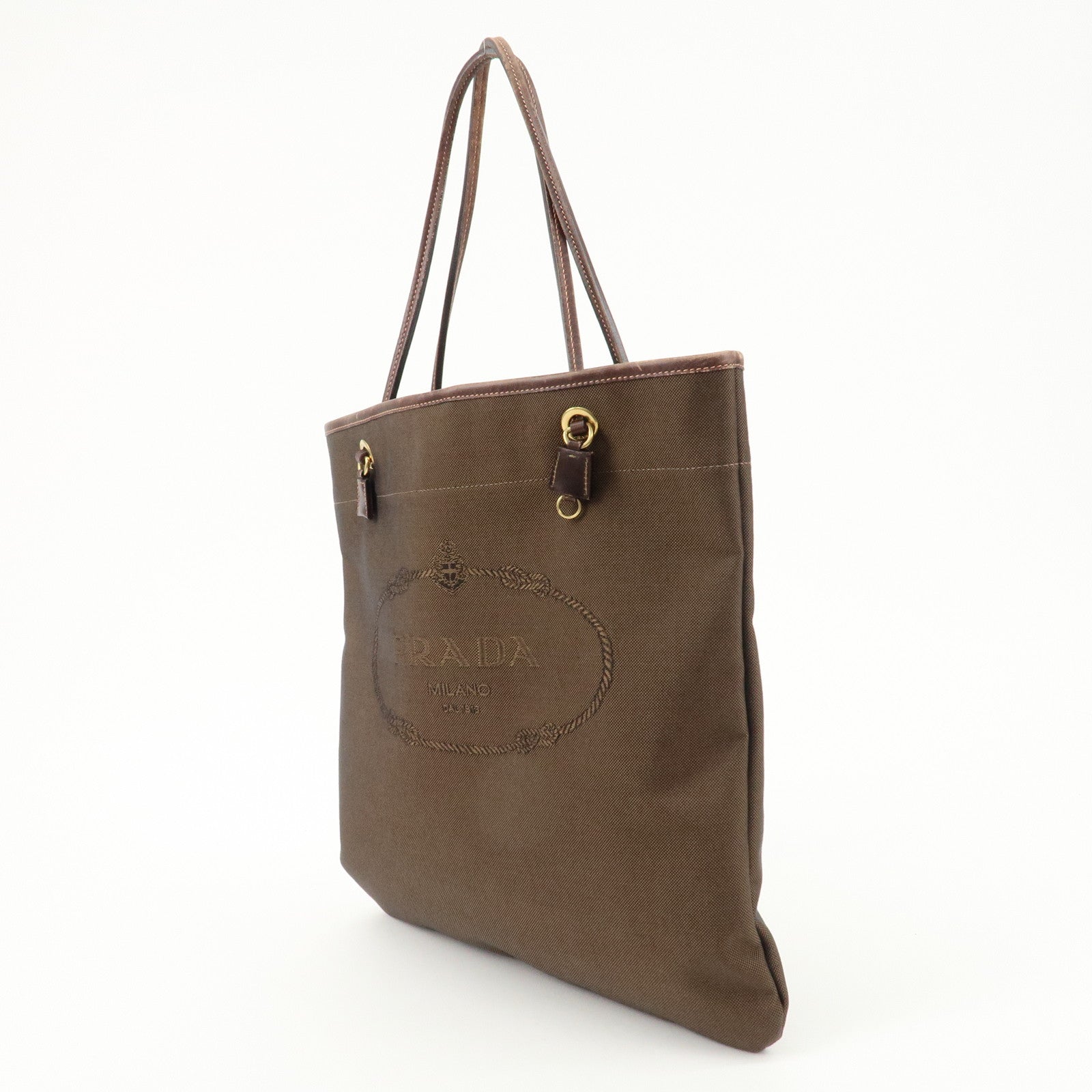 PRADA Logo Jaquard Leather Tote Bag Hand Bag Brown