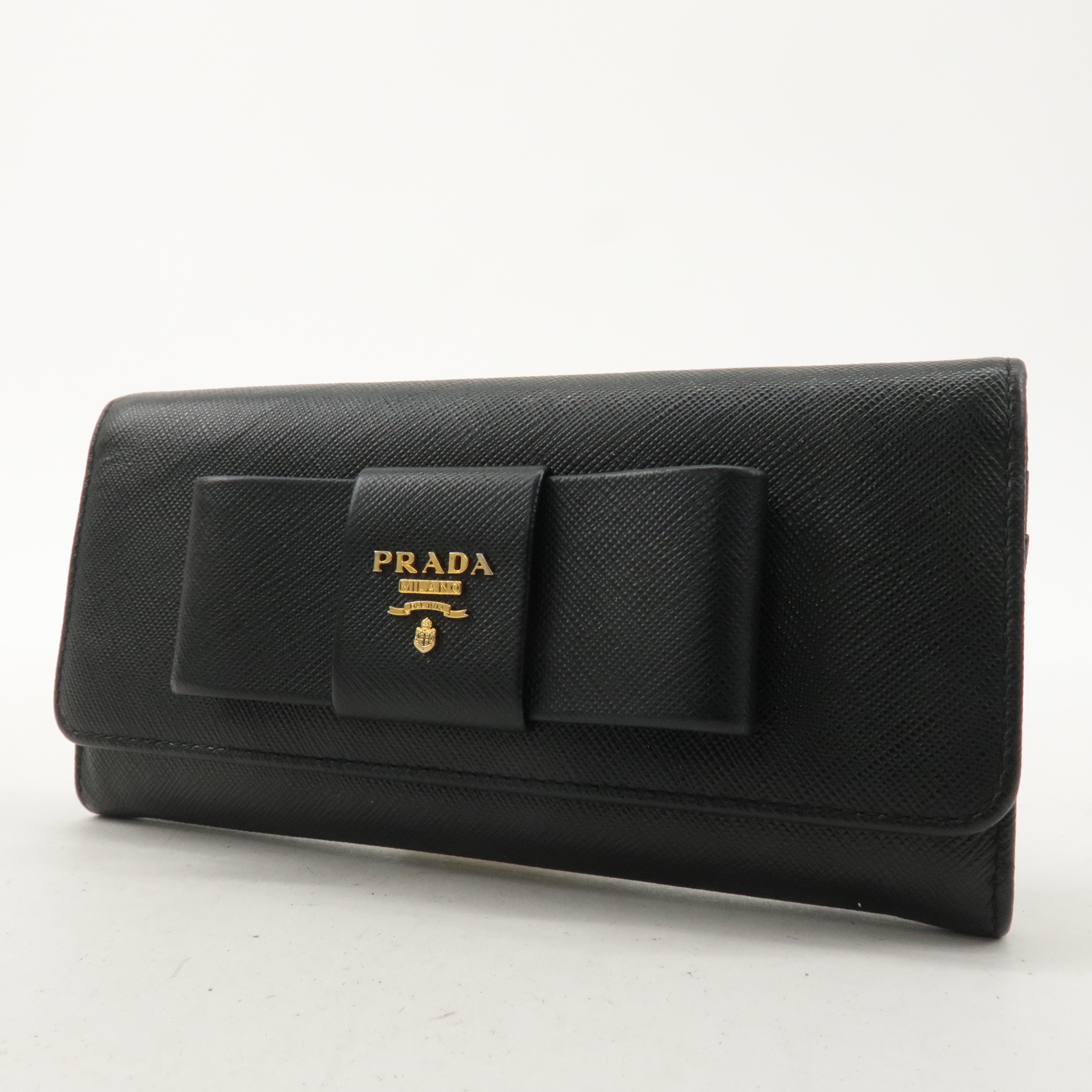 PRADA Saffiano Leather Ribbon Bi-fold Long Wallet Black 1MH132