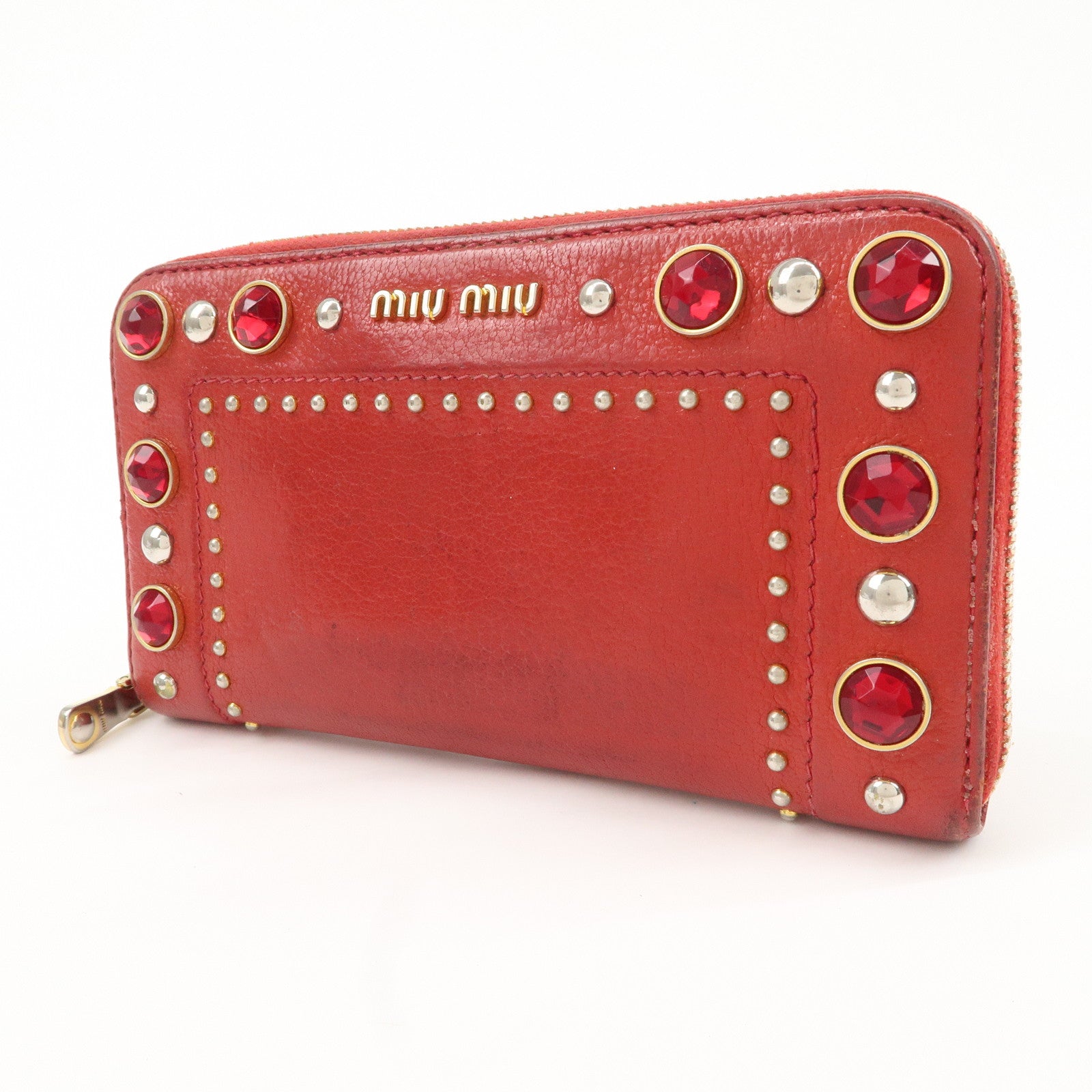 MIU MIU Leather Round Zipper Long Wallet Bijou Studs Red