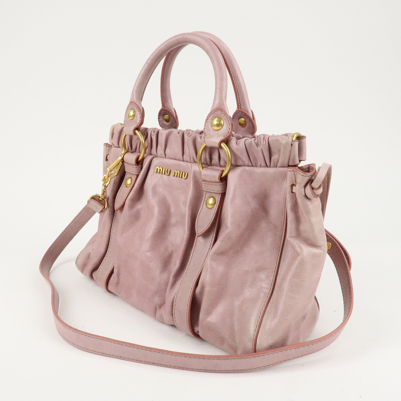 MIU MIU Leather 2Way Bag Hand Bag Pink Beige Gold Hardware Used