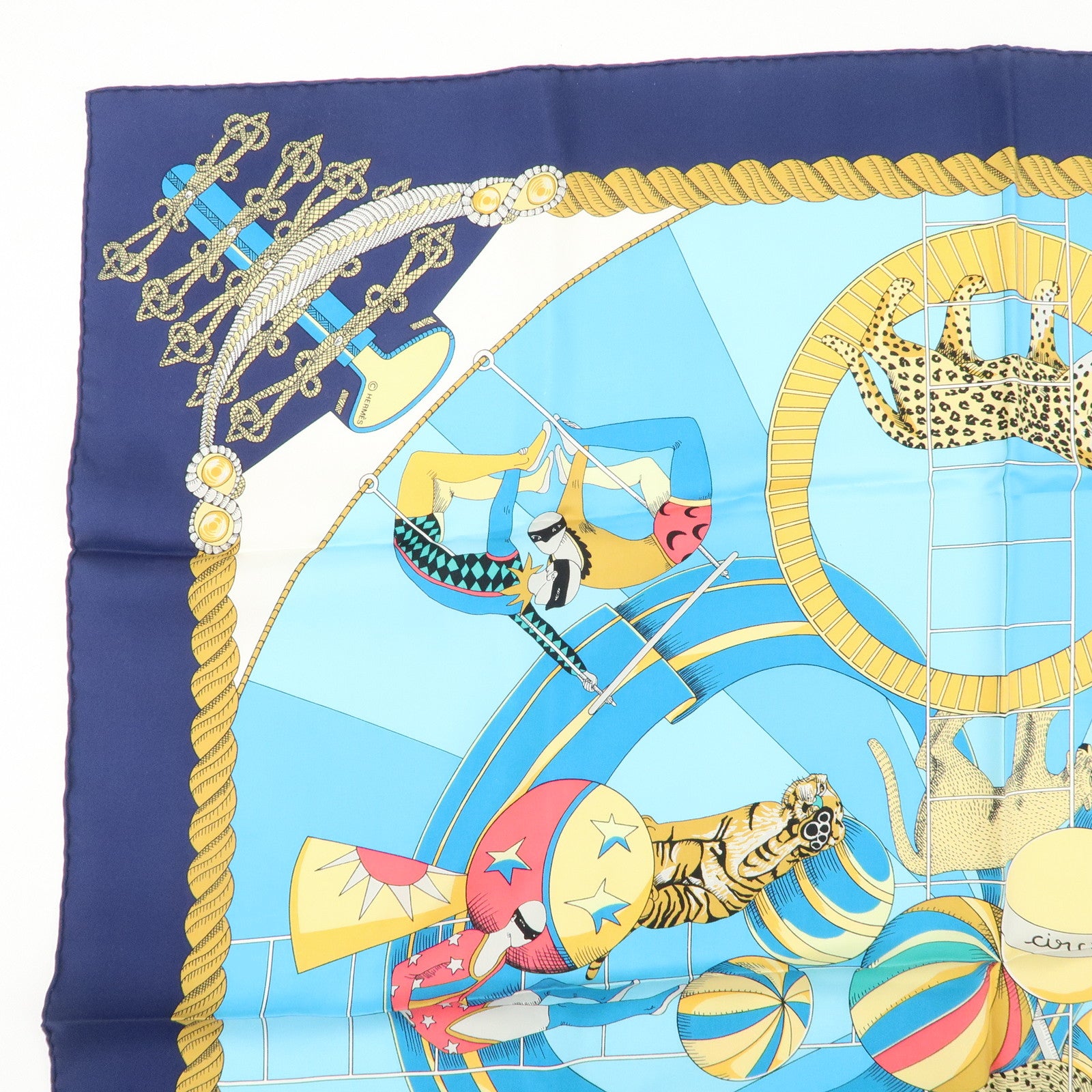 HERMES Carre 90 Silk 100%  Scarf Circus Blue Navy Gold Used