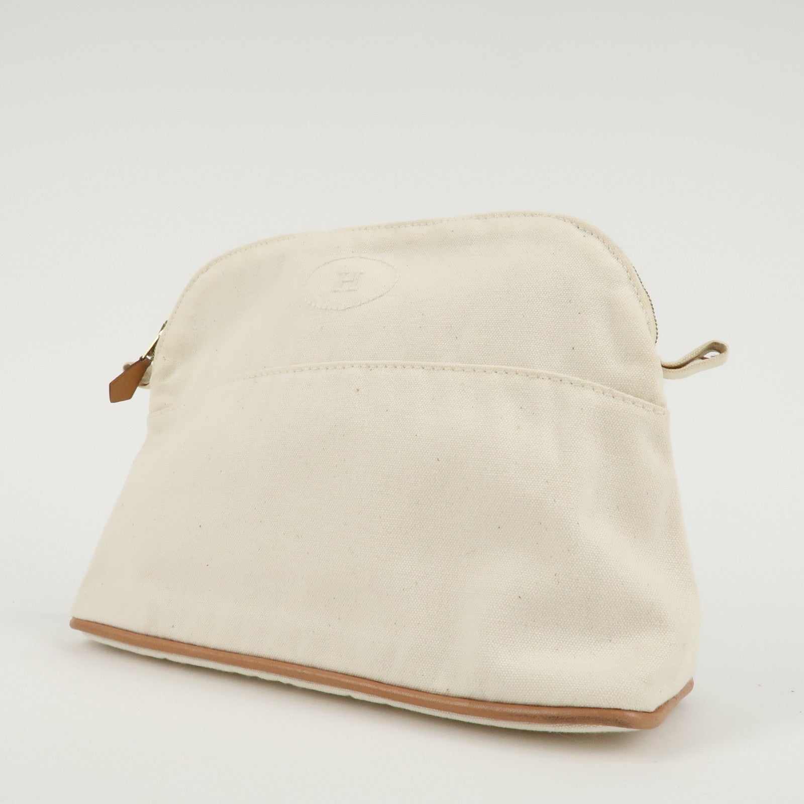 HERMES Canvas Leather Bolide Pouch MM Ivory