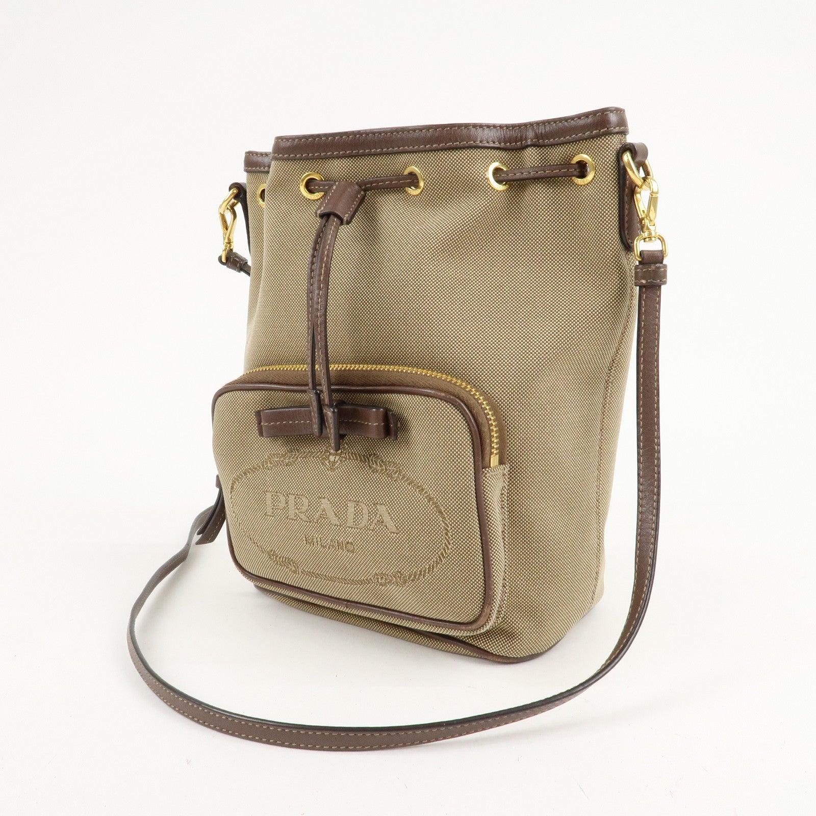 PRADA Logo Jacquard Leather Drawstring Shoulder Bag Beige 1BH038 Used