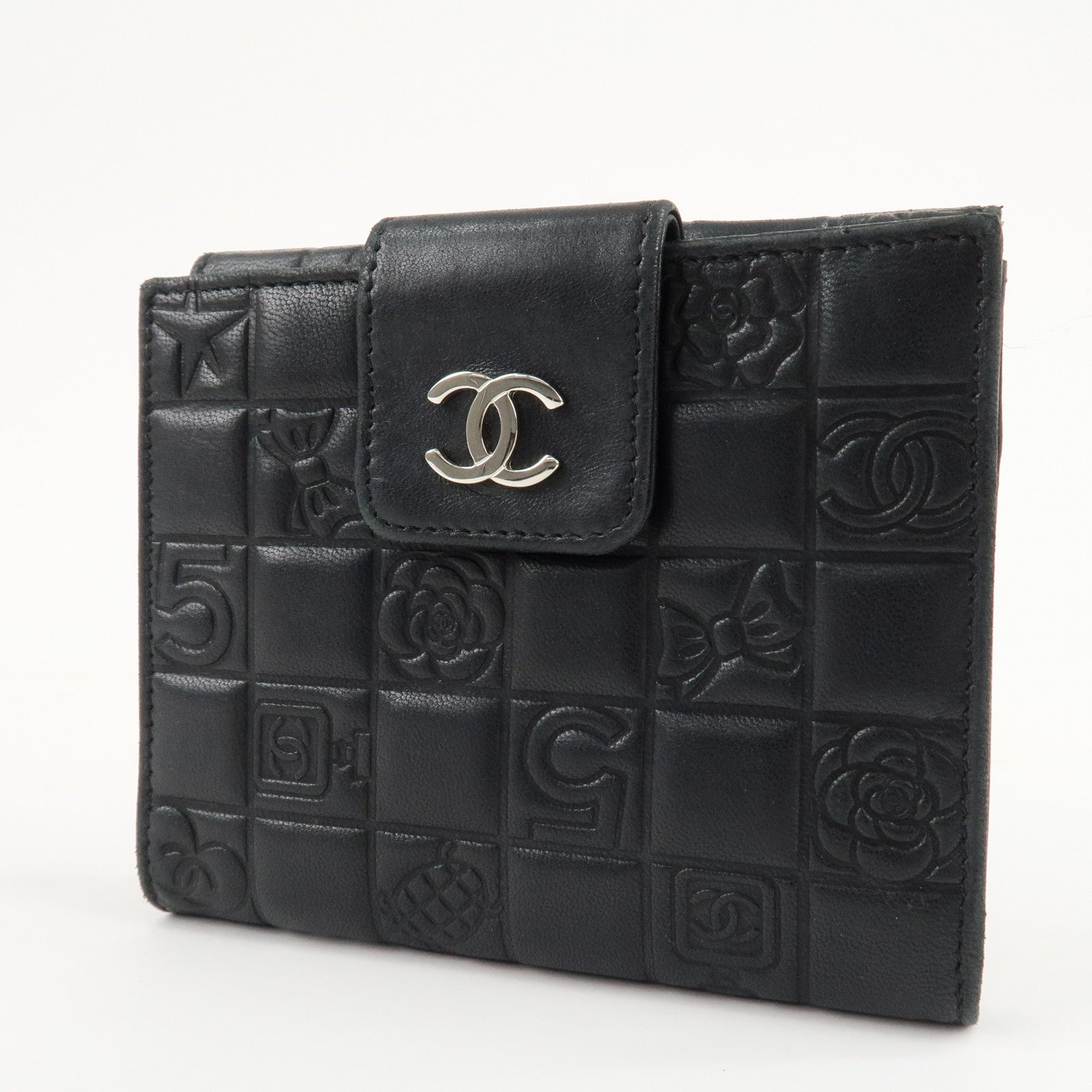 CHANEL Icon Line Lamb Skin W Flap Bi-fold Wallet Black A24212