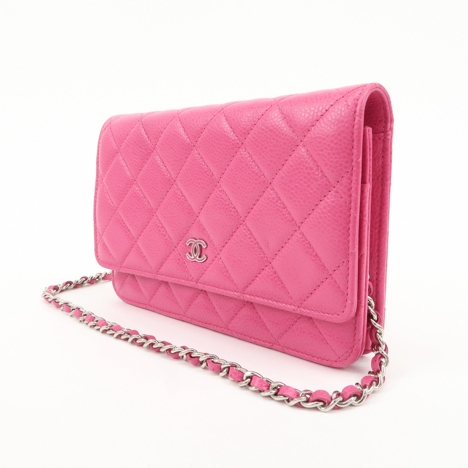 CHANEL Matelasse Caviar Skin Chain Wallet Purse Pink Silver AP0250 Used