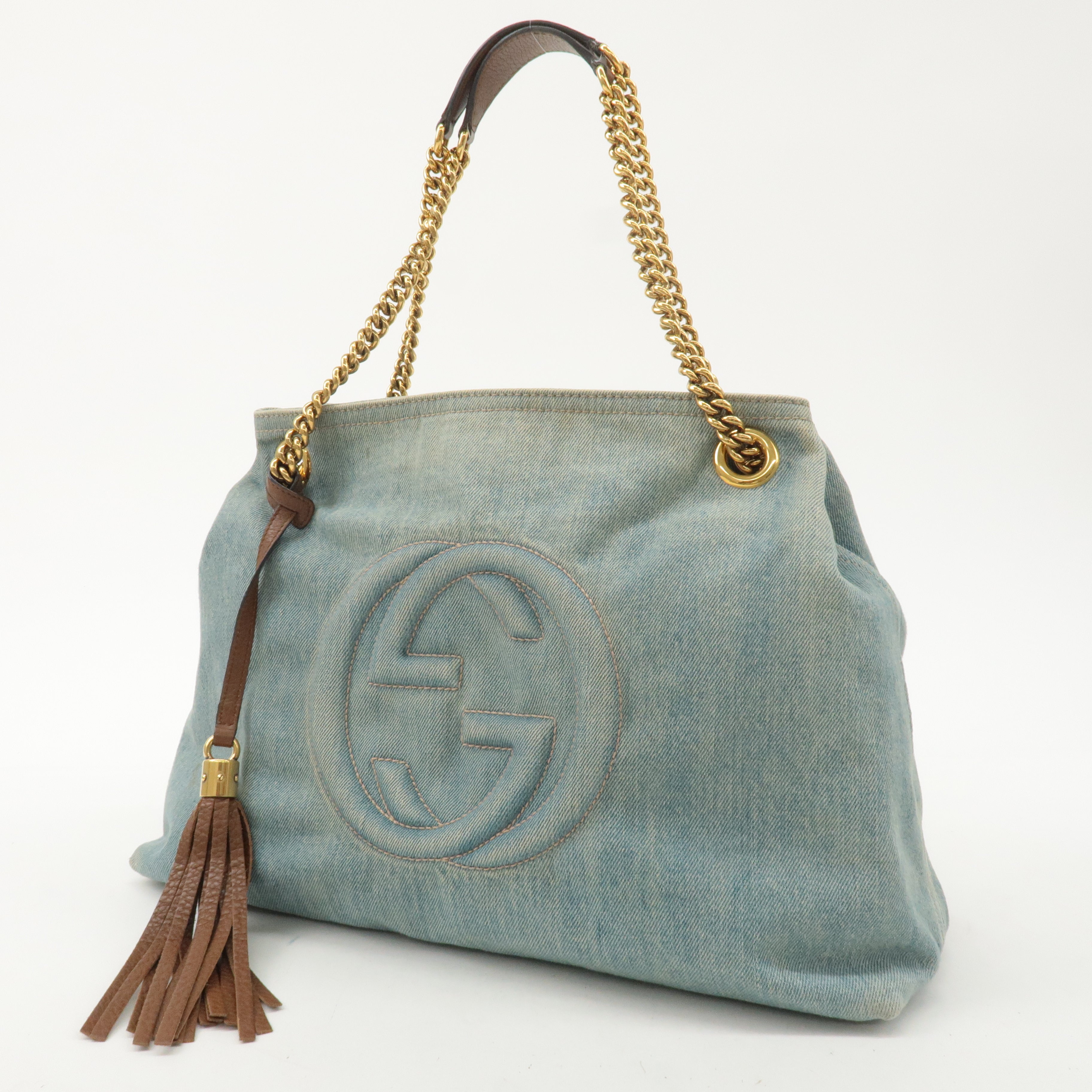 GUCCI SOHO Denim Leather Chain Shoulder Tote Bag Blue 308982