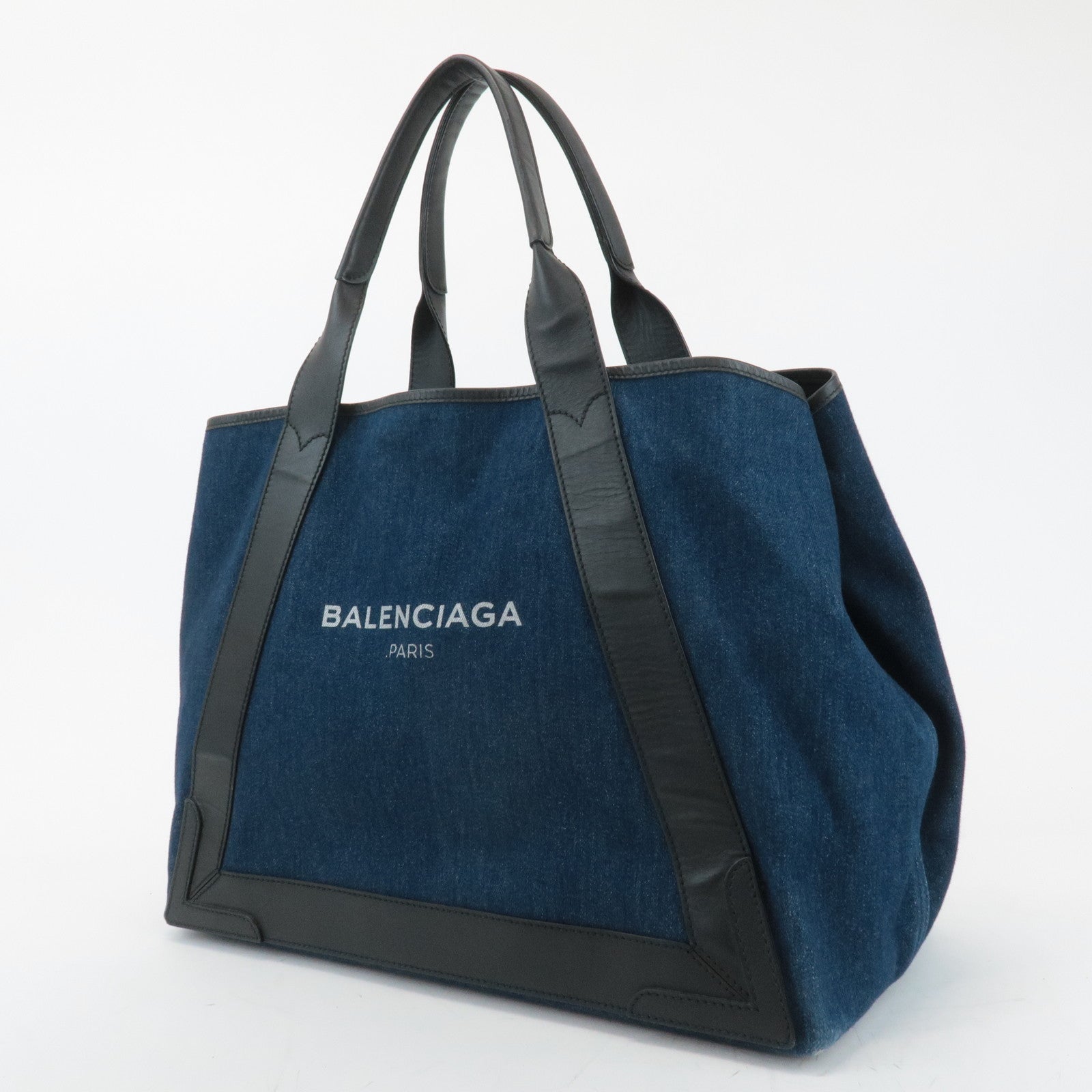 BALENCIAGA Denim Leather Navy Cabas MM Tote Hand Bag Blue 339936