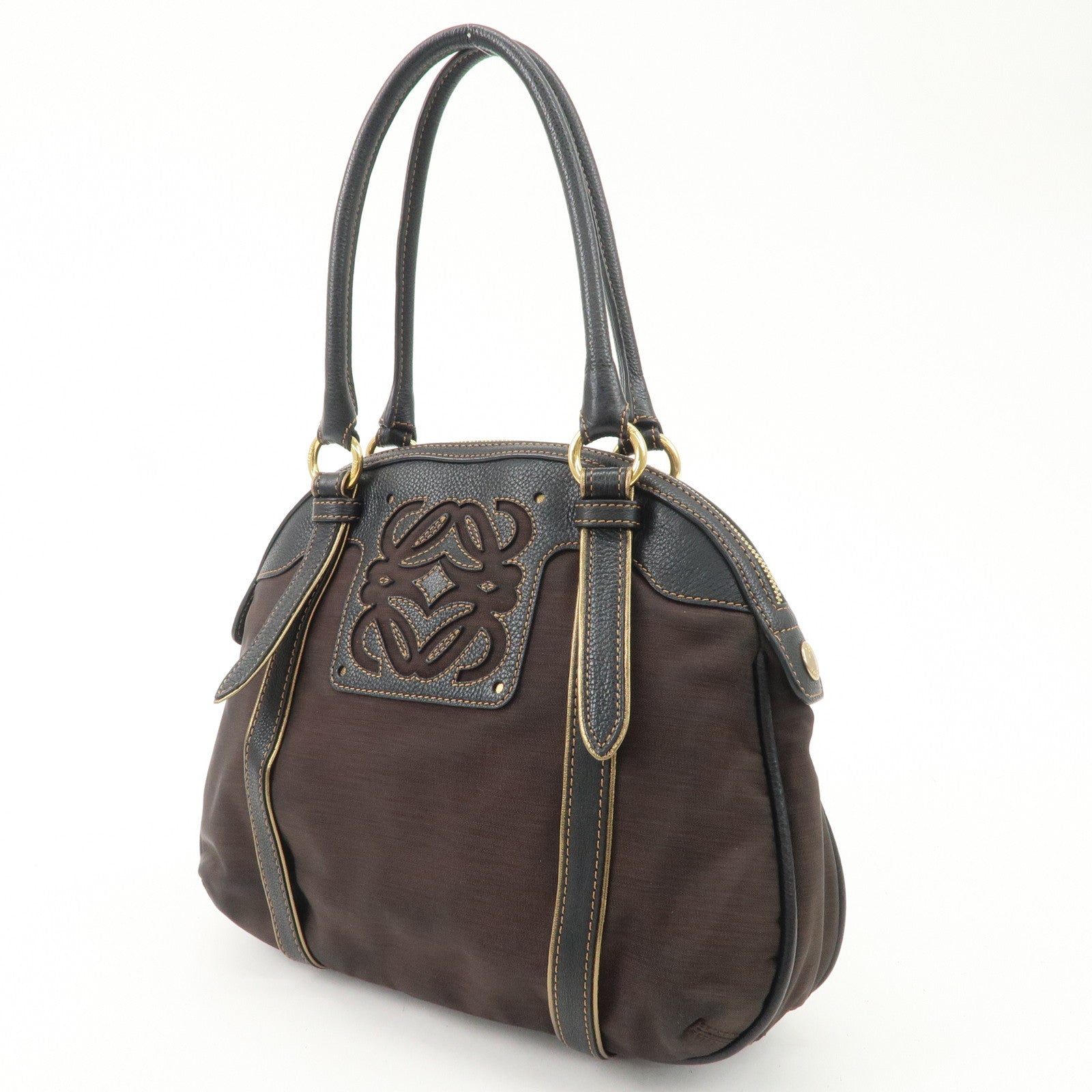 LOEWE Anagram Canvas Leather Hand Bag 340807 Brown Black