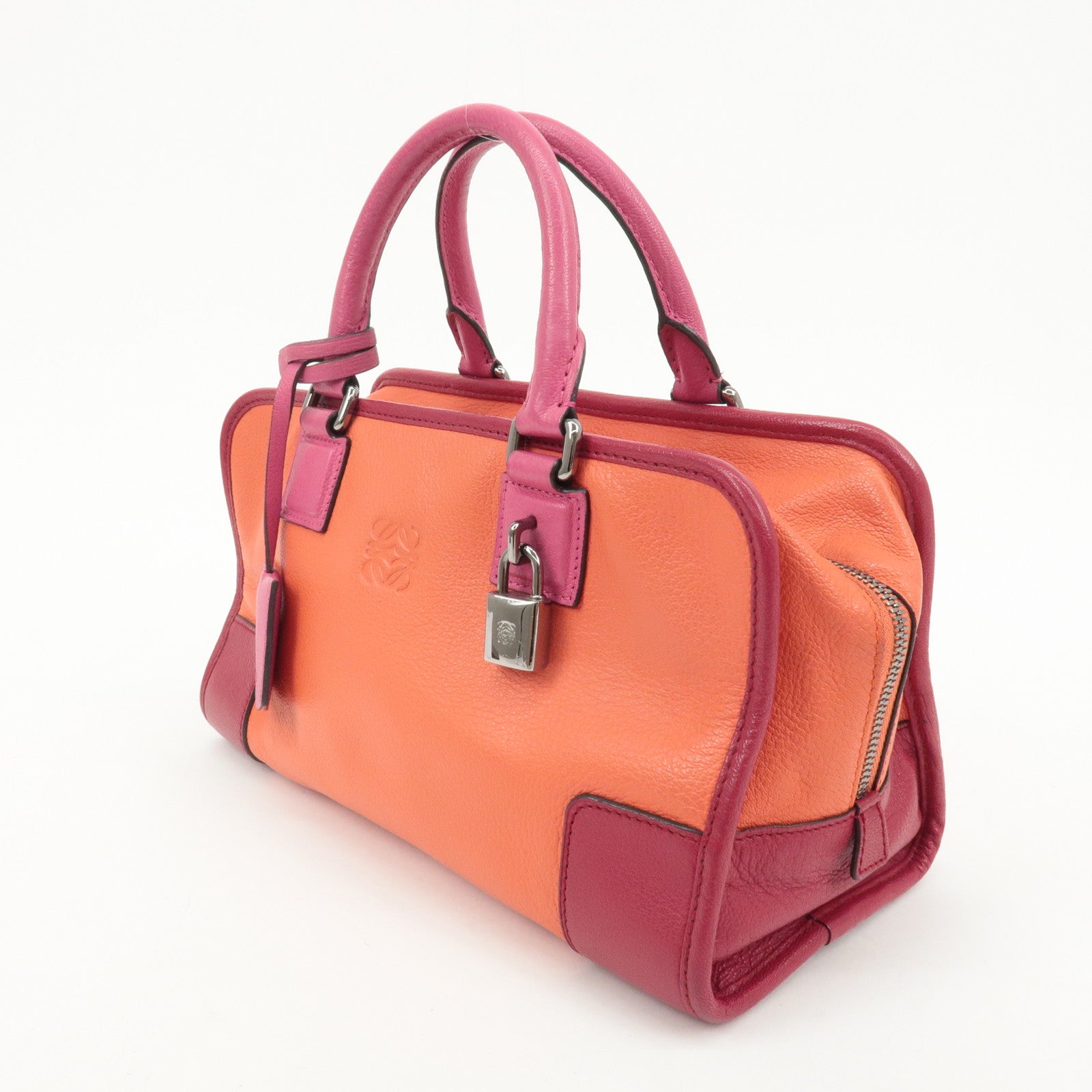 LOEWE Anagram Leather Amazona 28 Hand Bag Orange Red Pink Used