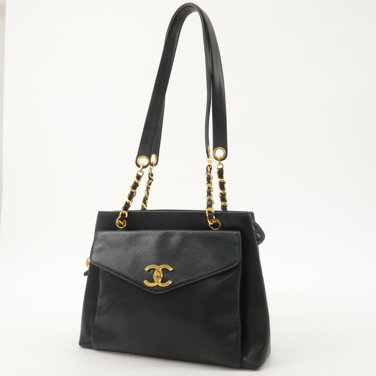 CHANEL Caviar Skin Chain Tote Bag Shoulder Bag Black Gold