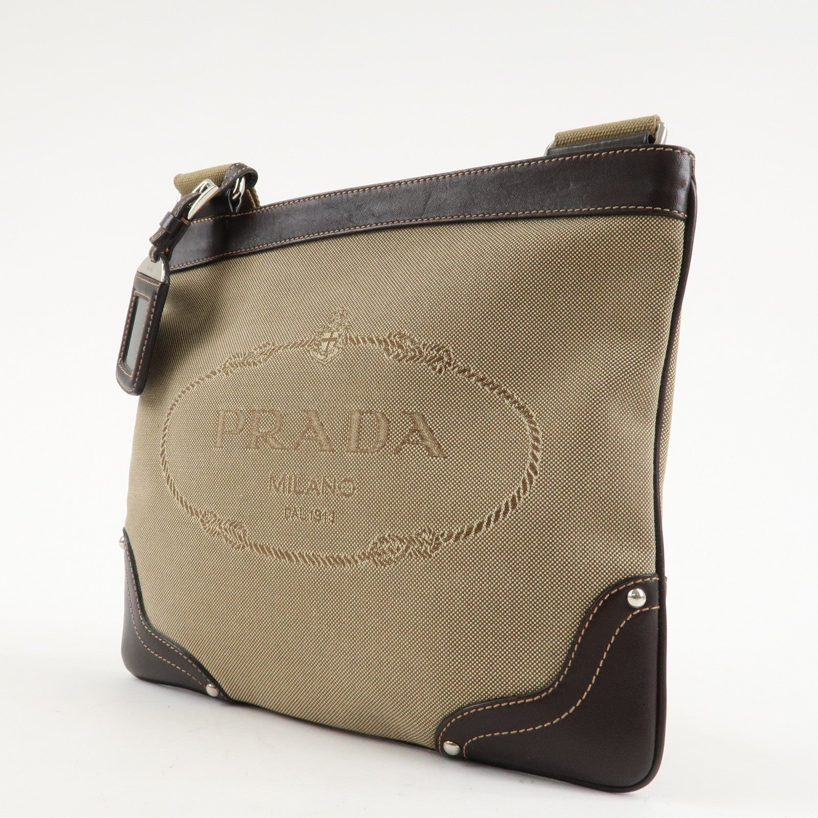 PRADA Logo Jacquard Leather Shoulder Bag Beige Dark Brown M506A Used