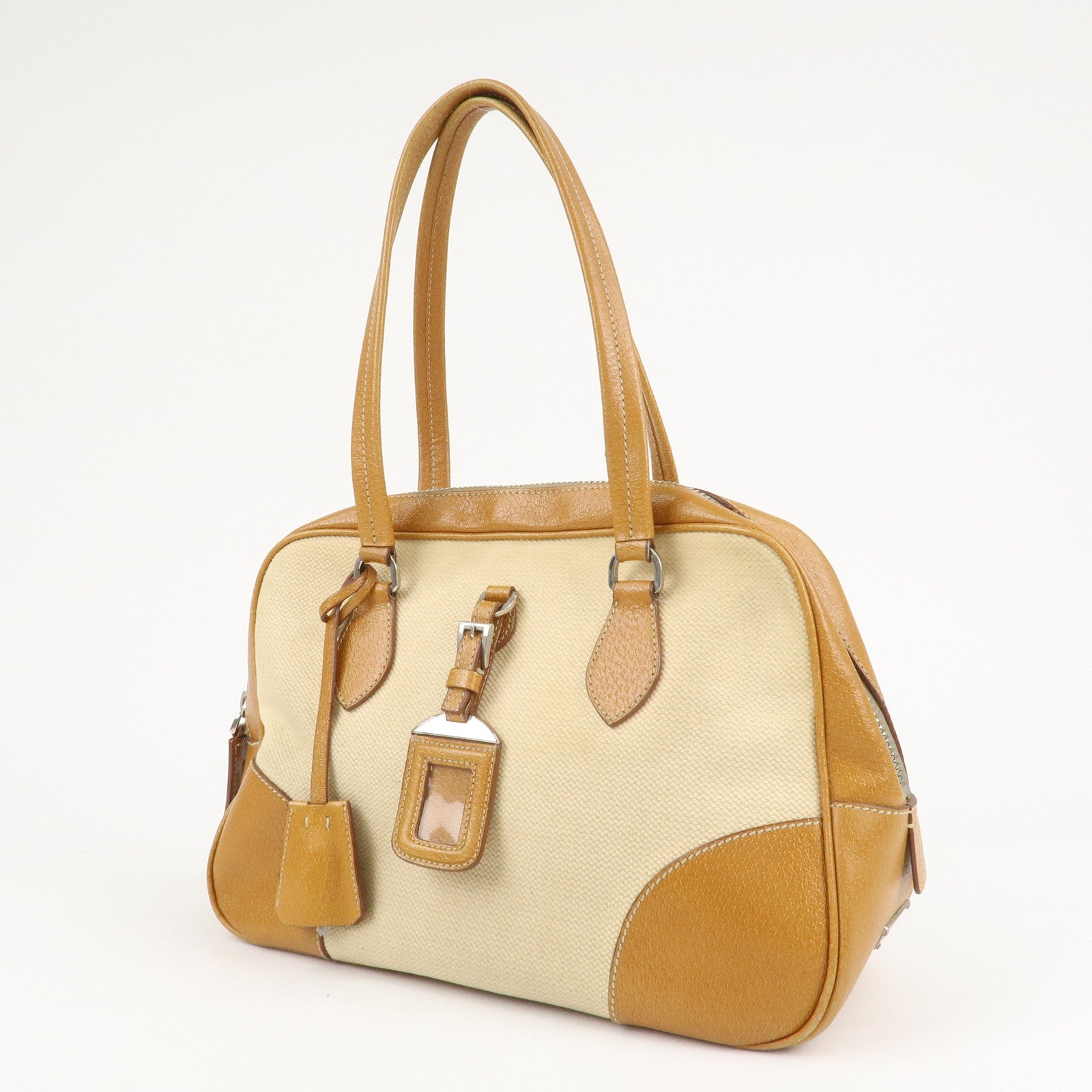 PRADA Canvas Leather Triangle Logo Boston Bag Ivory Brown