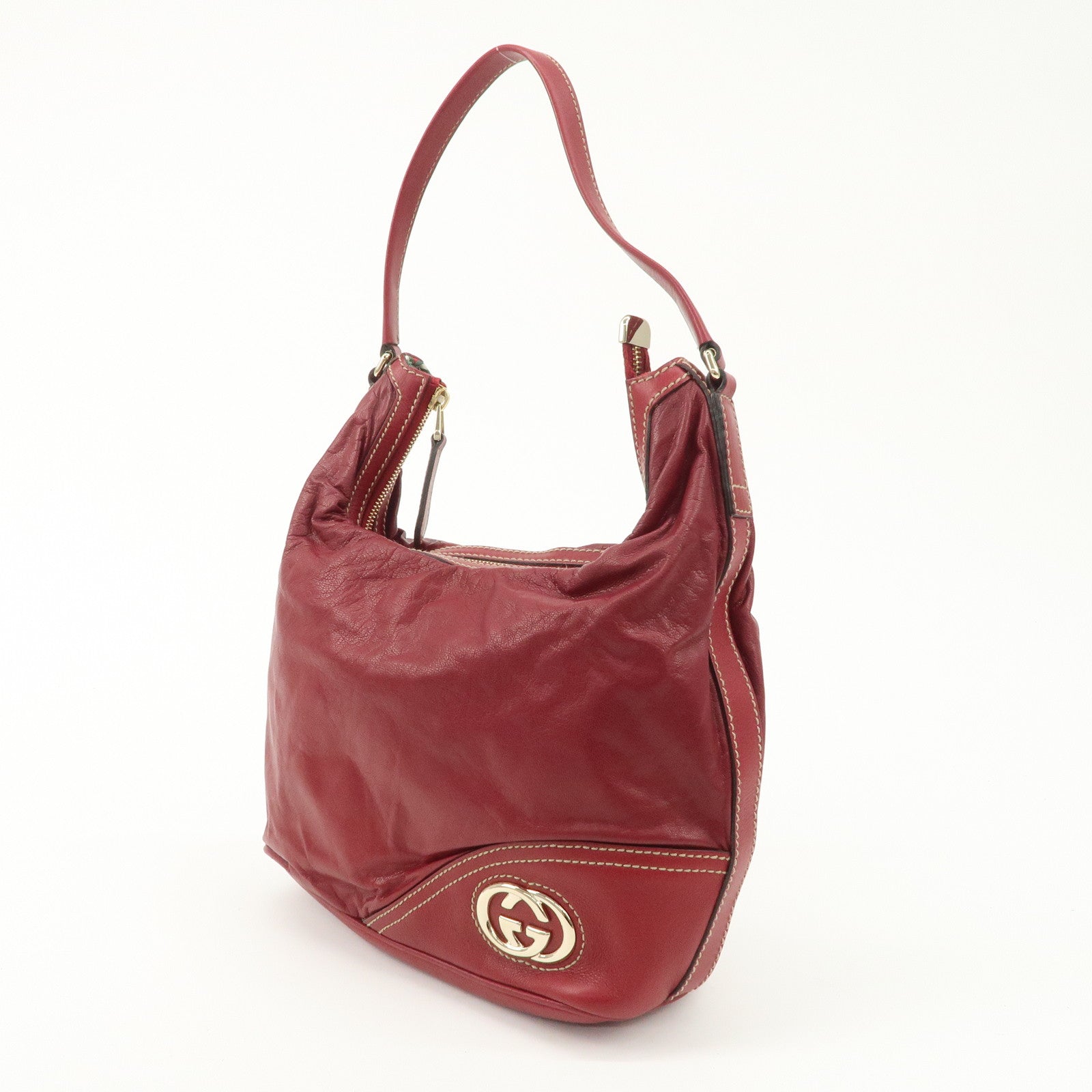 GUCCI Interlockingg GG Leather Shoulder Bag Red Gold 182491 Used