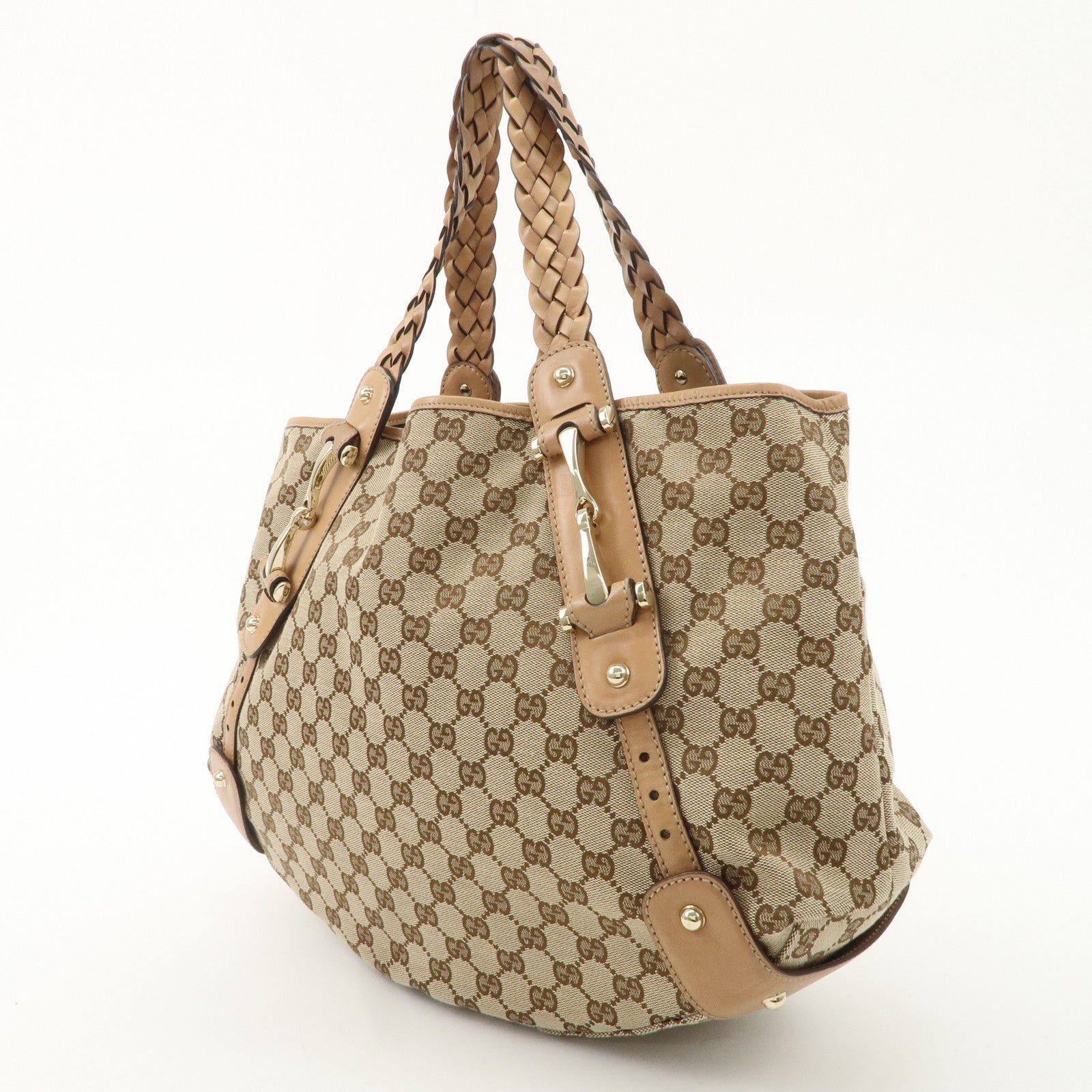 GUCCI Horsebit GG Canvas Leather Tote Bag Beige Light Beige 137621 Used