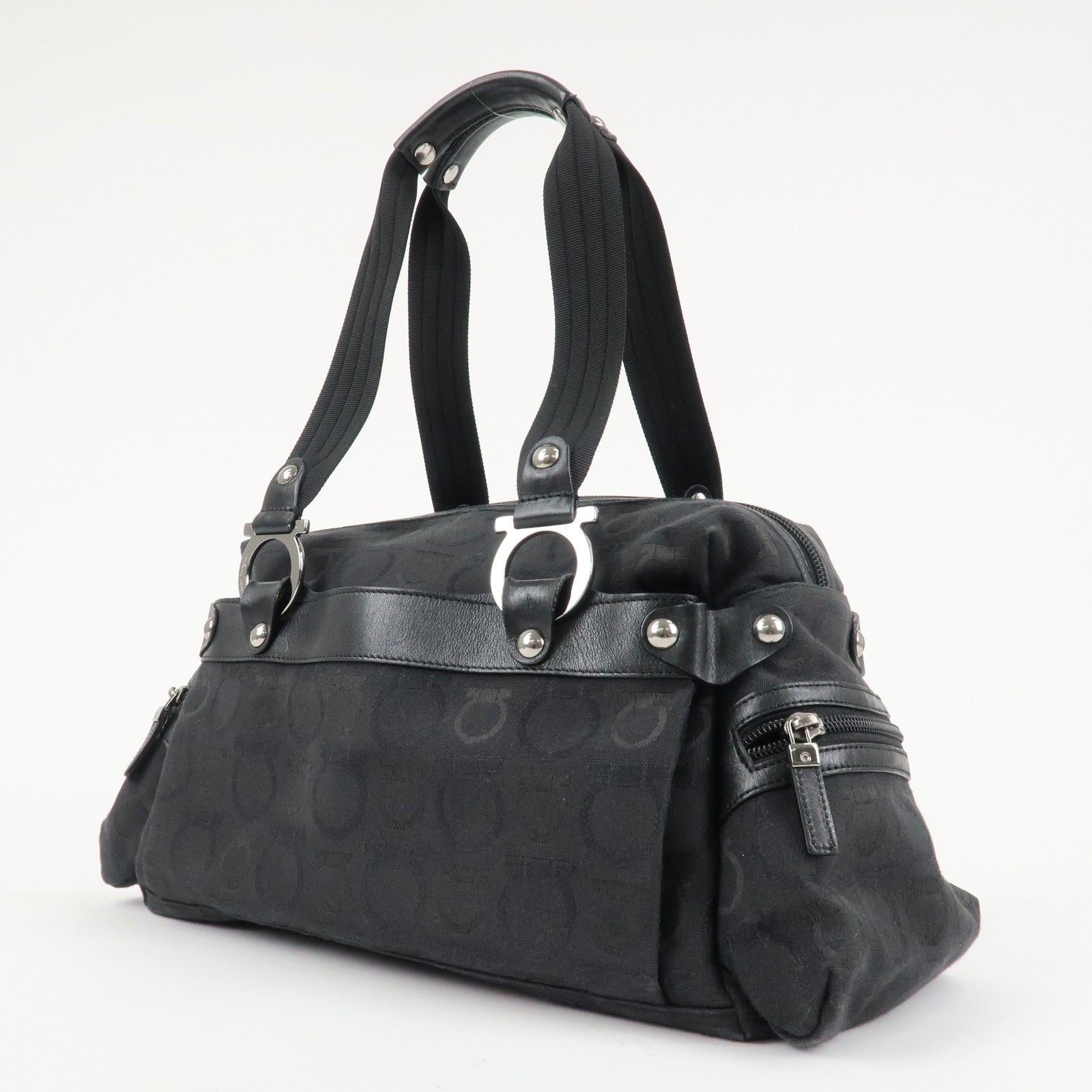 Ferragamo Gancini Pattern Canvas Leather Boston Bag Black