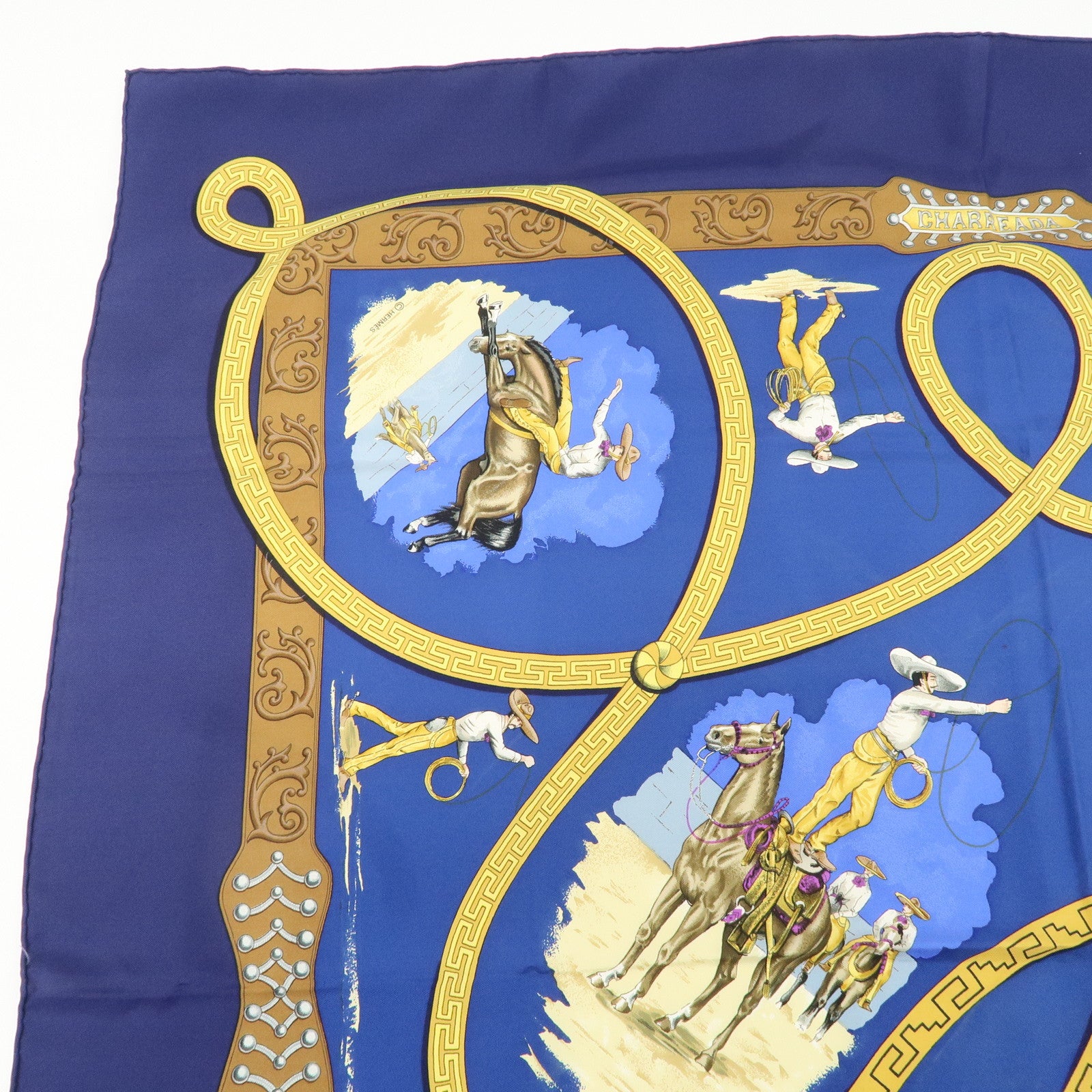 HERMES Carre 90 100% Silk Scarf Bandana CHARREADA Blue Brown Used