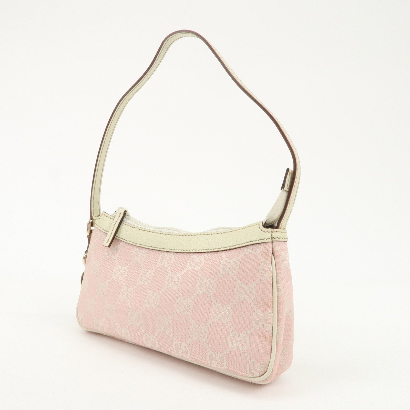 GUCCI GG Canvas Leather Hand Bag Pouch Pink Ivory 154432 Used