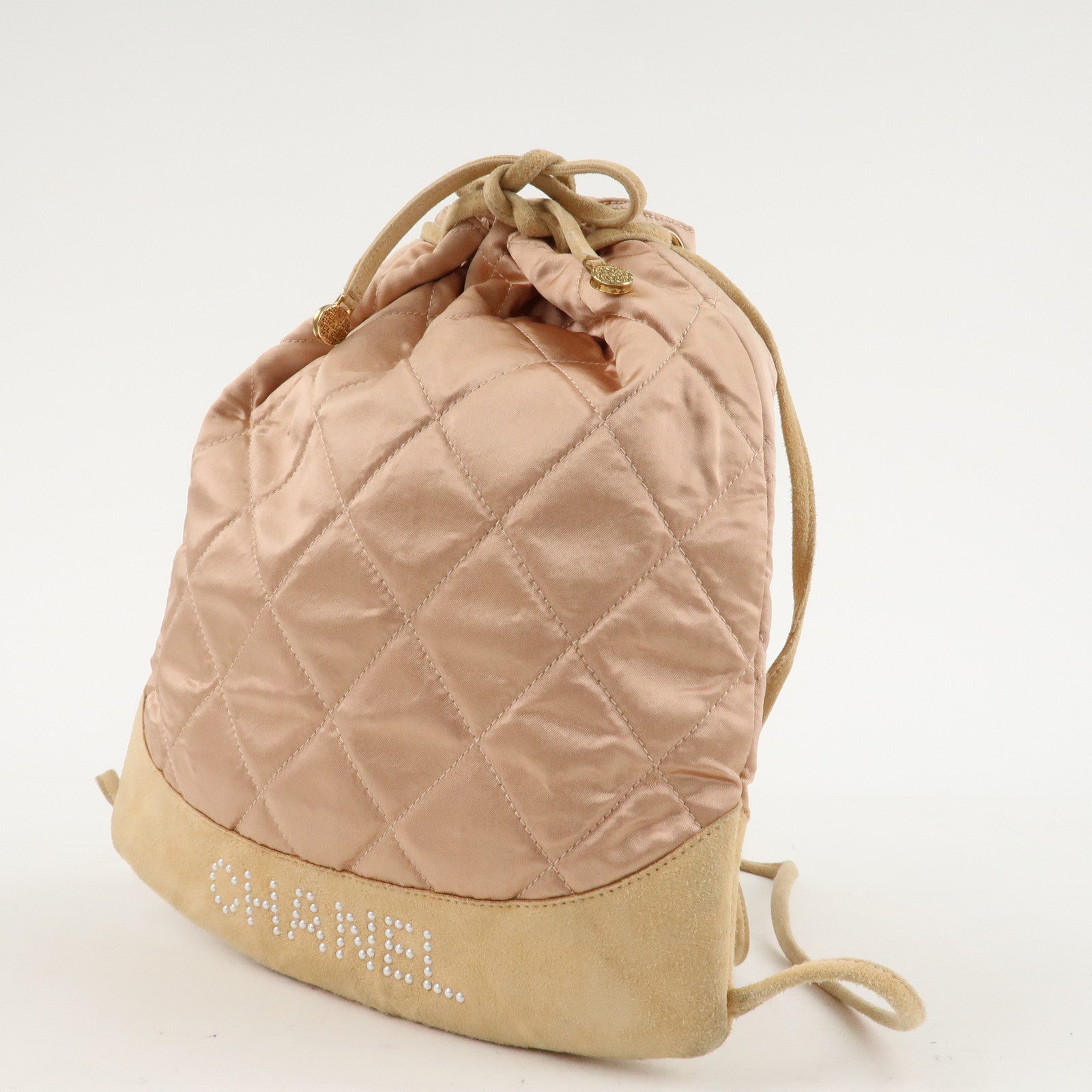 CHANEL Matelasse Satin Suede Back Pack Ruck Sack Pink Beige