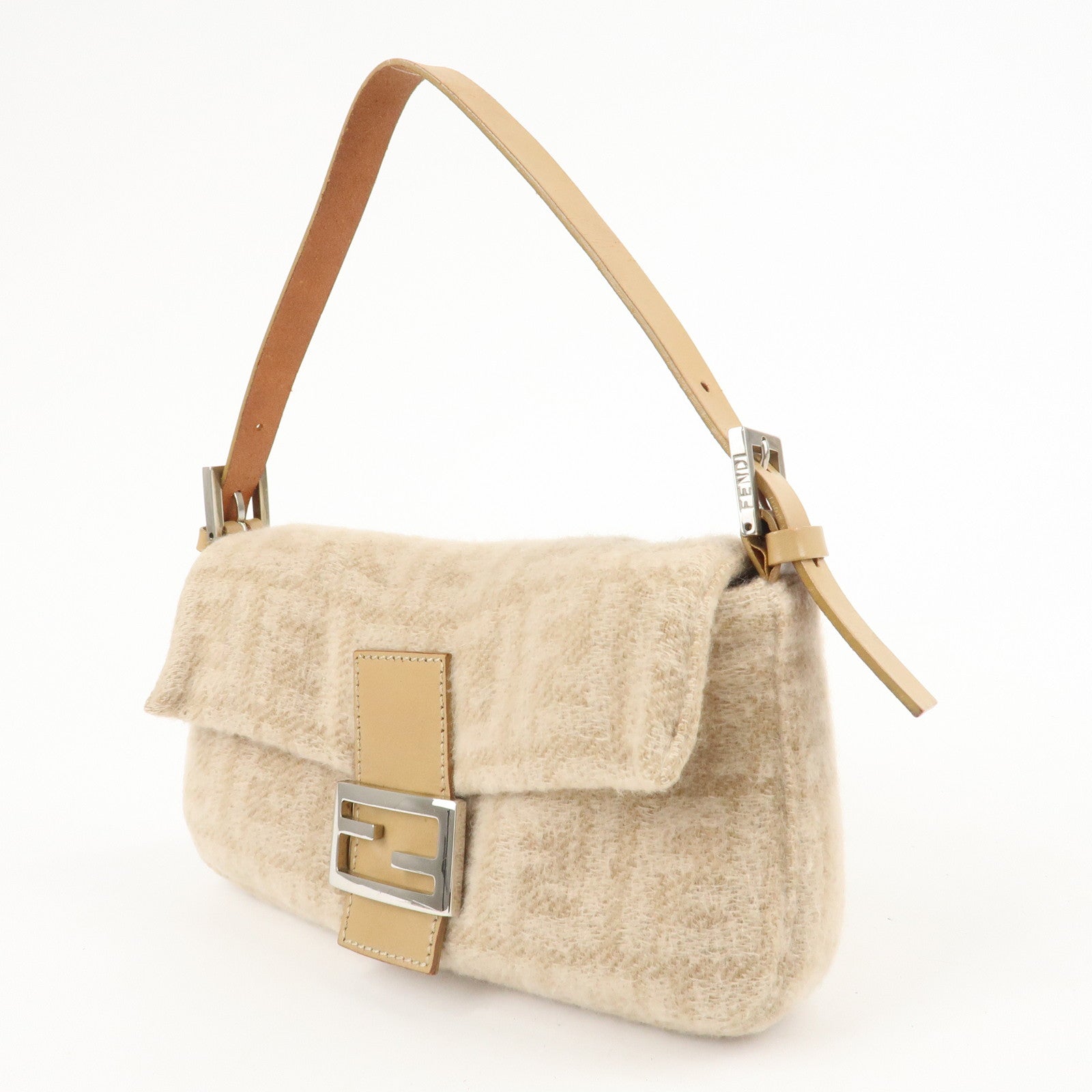 FENDI Mamma Baguette Zucca Wool Leather Shoulder Bag Beige 26424 Used