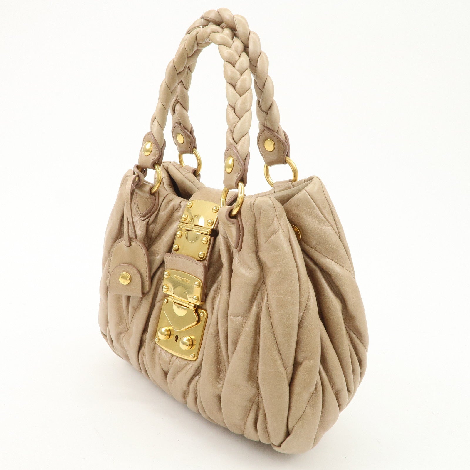 MIU MIU Matelasse Leather Gathered 2Way Shoulder Bag Beige RN0473 Used