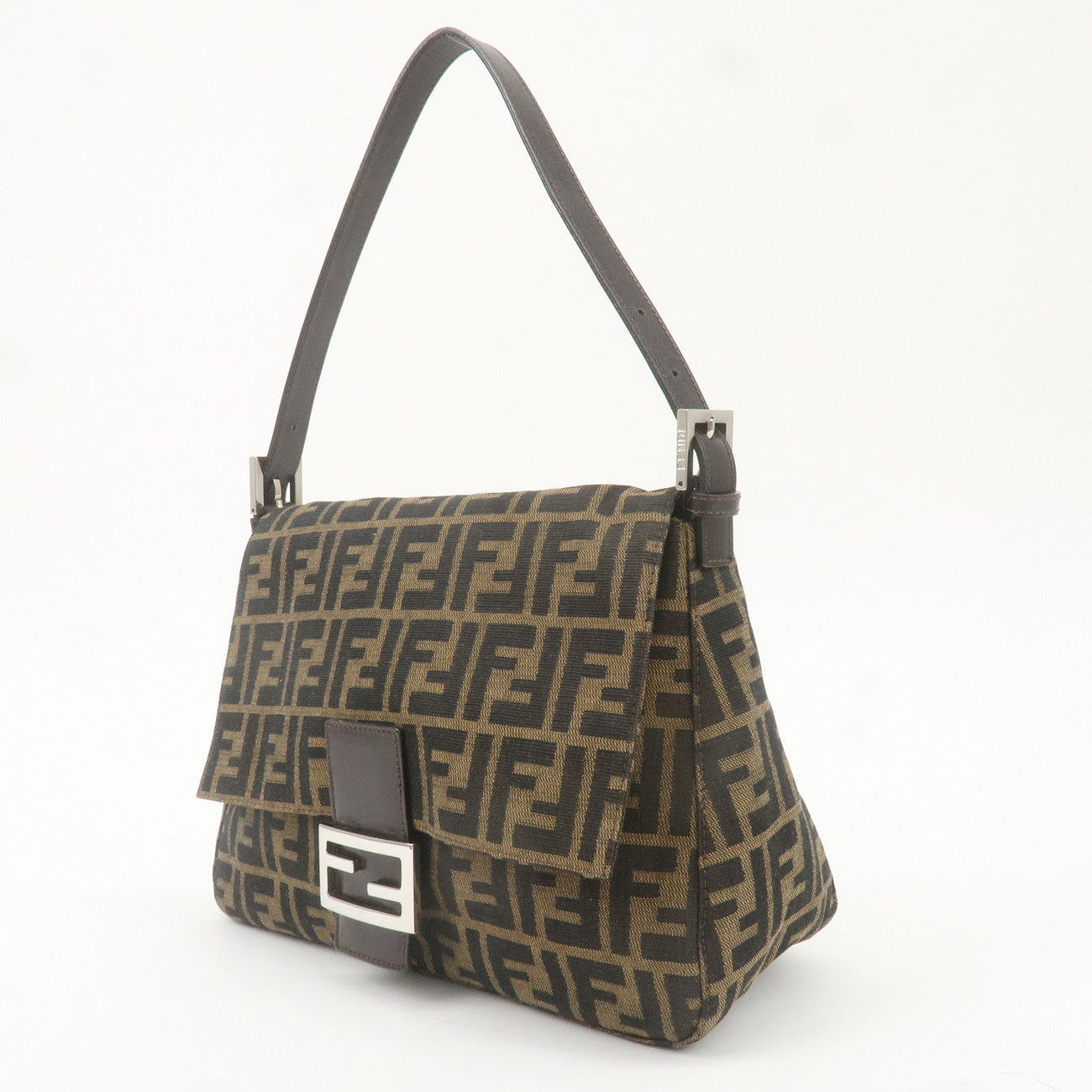 FENDI Mamma Baguette Zucca Canvas Leather Bag Brown Black 26325