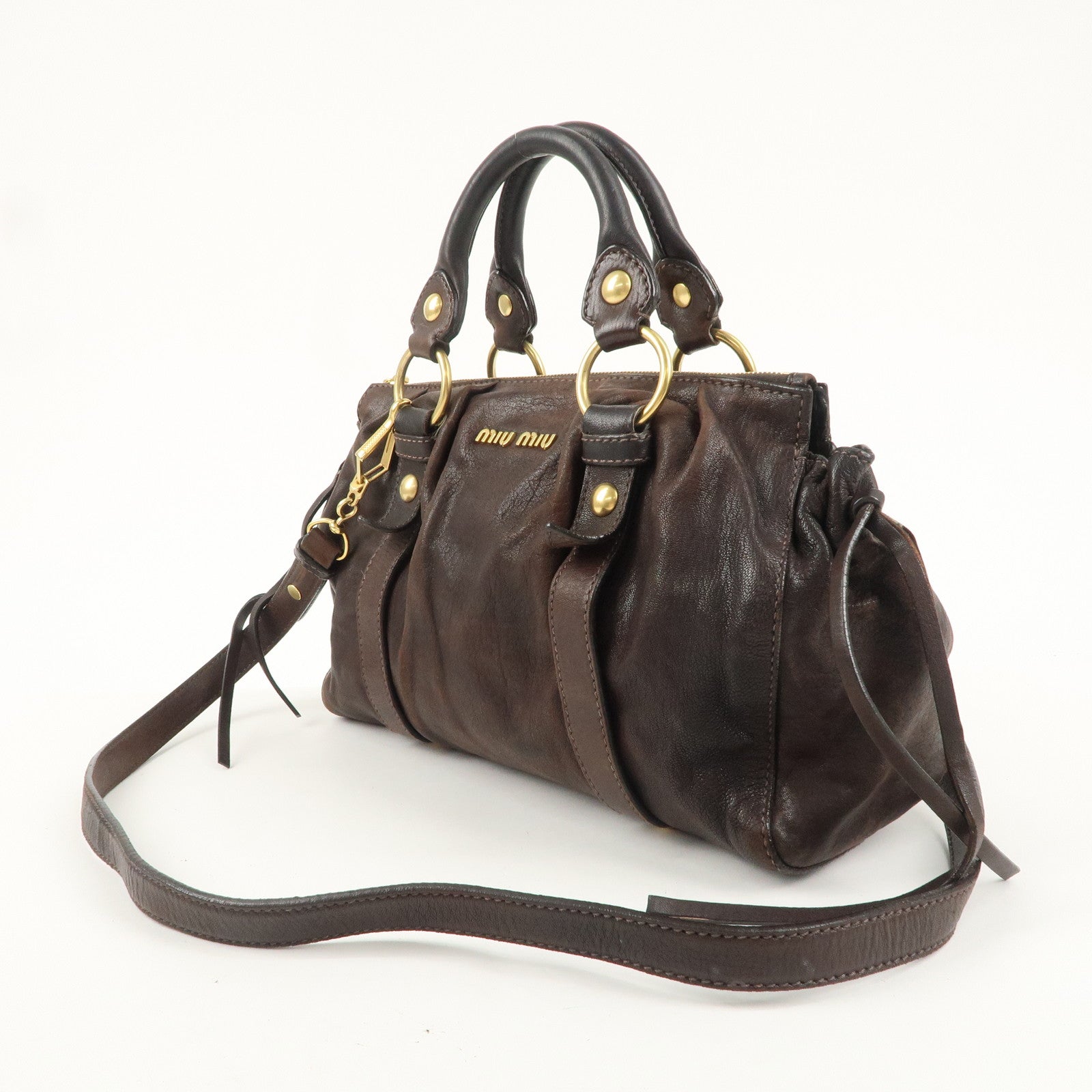 MIU MIU Leather 2Way Bag Hand Bag Shoulder Bag Dark Brown RT0384