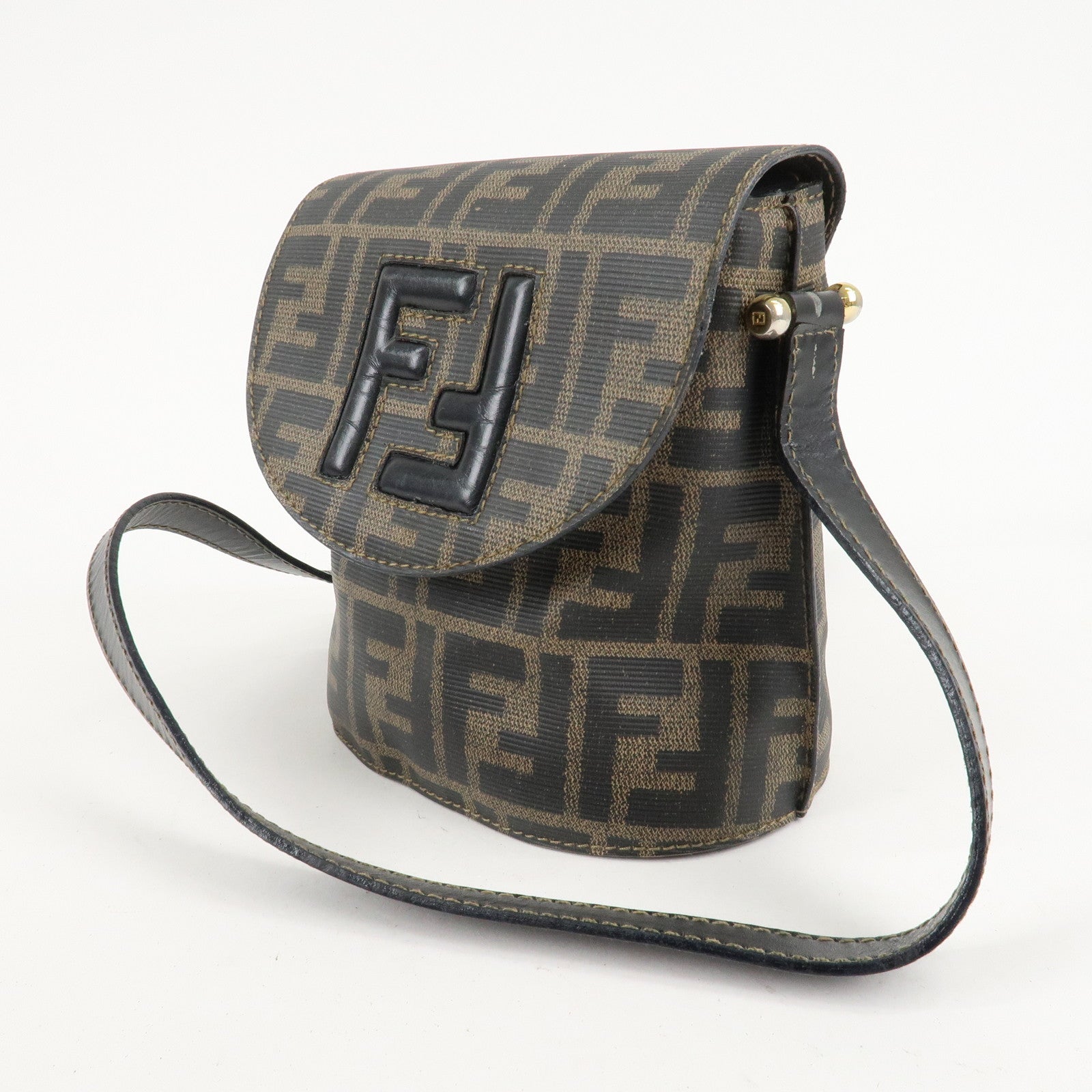 FENDI Zucca Logo Print PVC Leather Shoulder Bag Black Brown