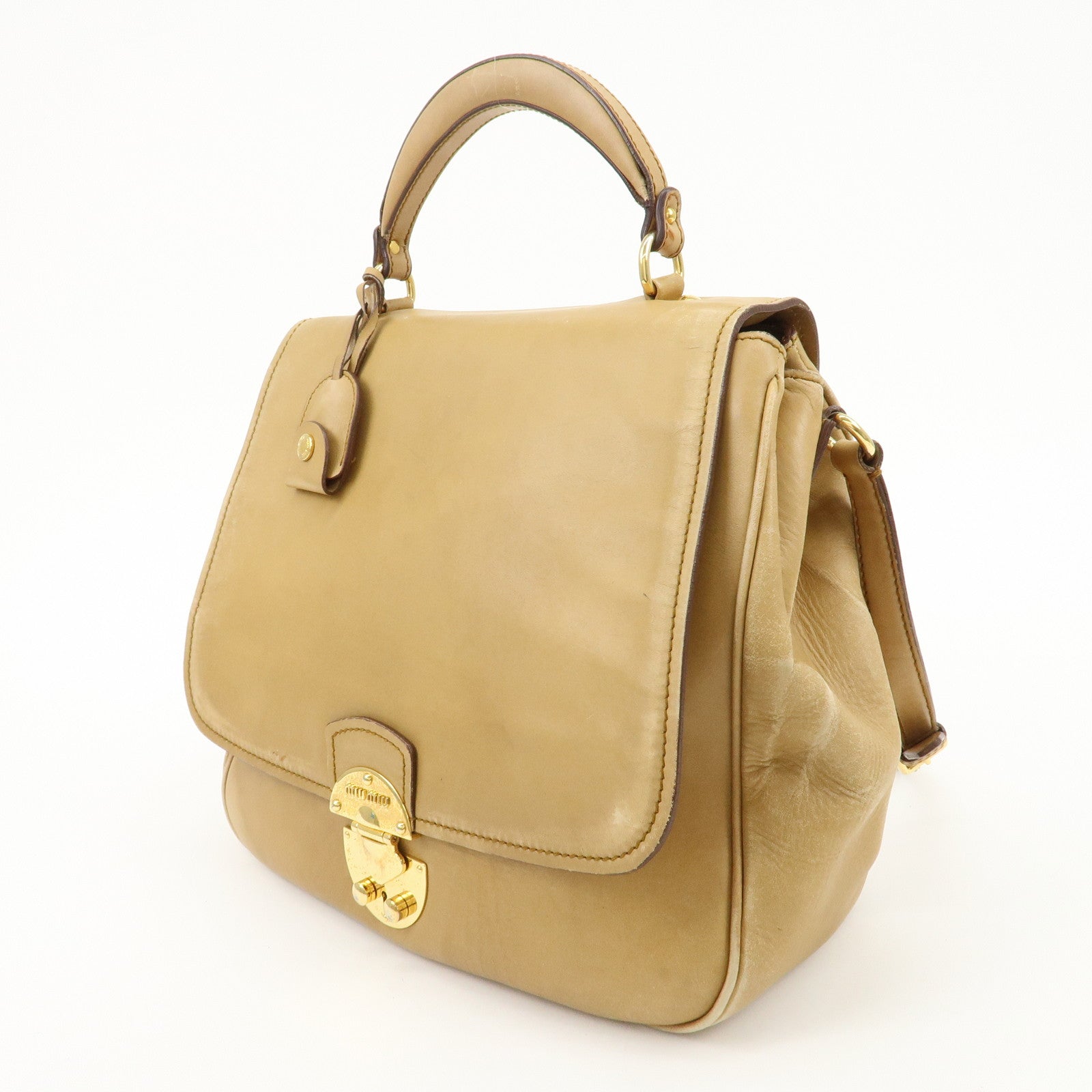 MIU MIU Leather 2Way Shoulder Bag Hand Bag Beige