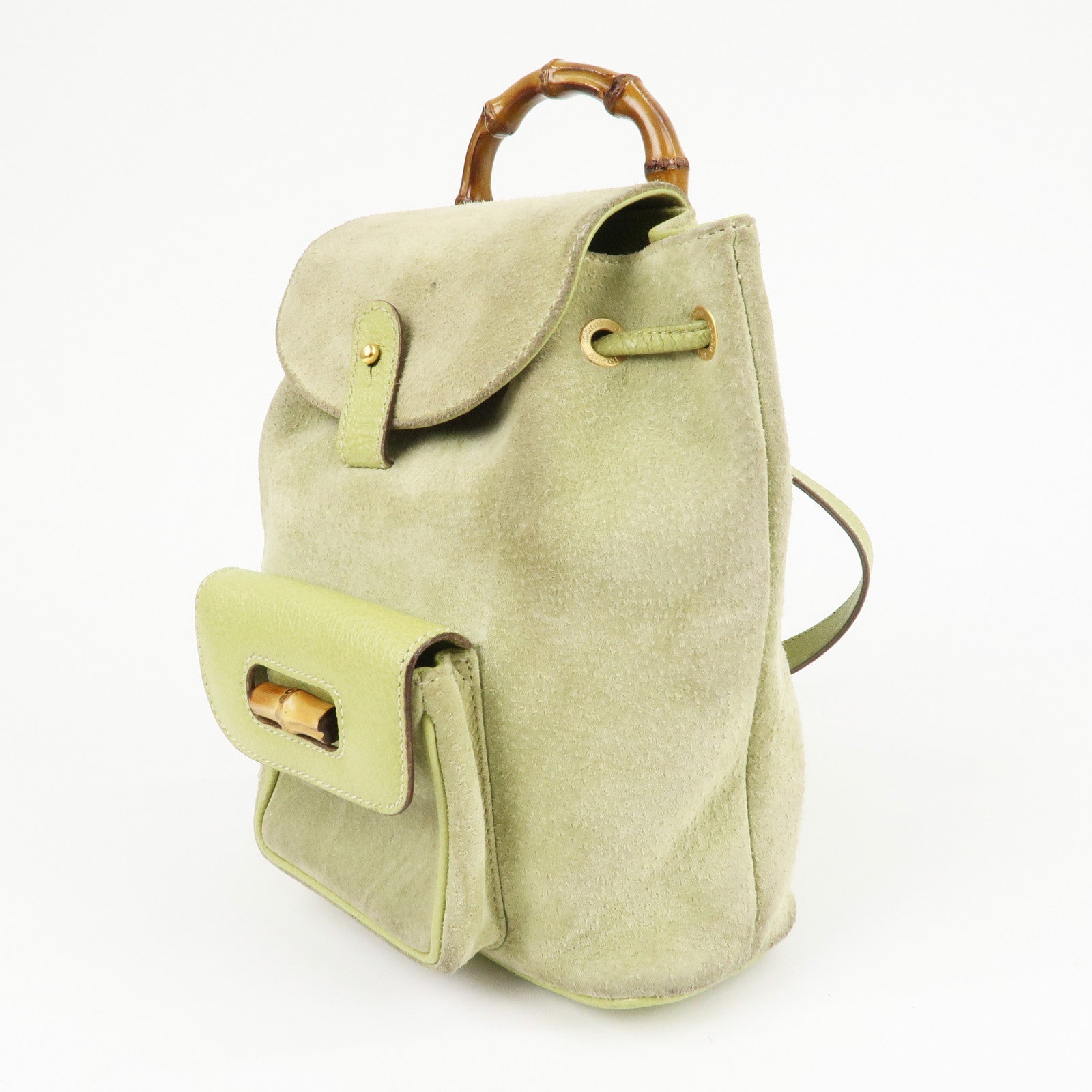 GUCCI Bamboo Suede Leather Backpack Light Green 003.1956.0030