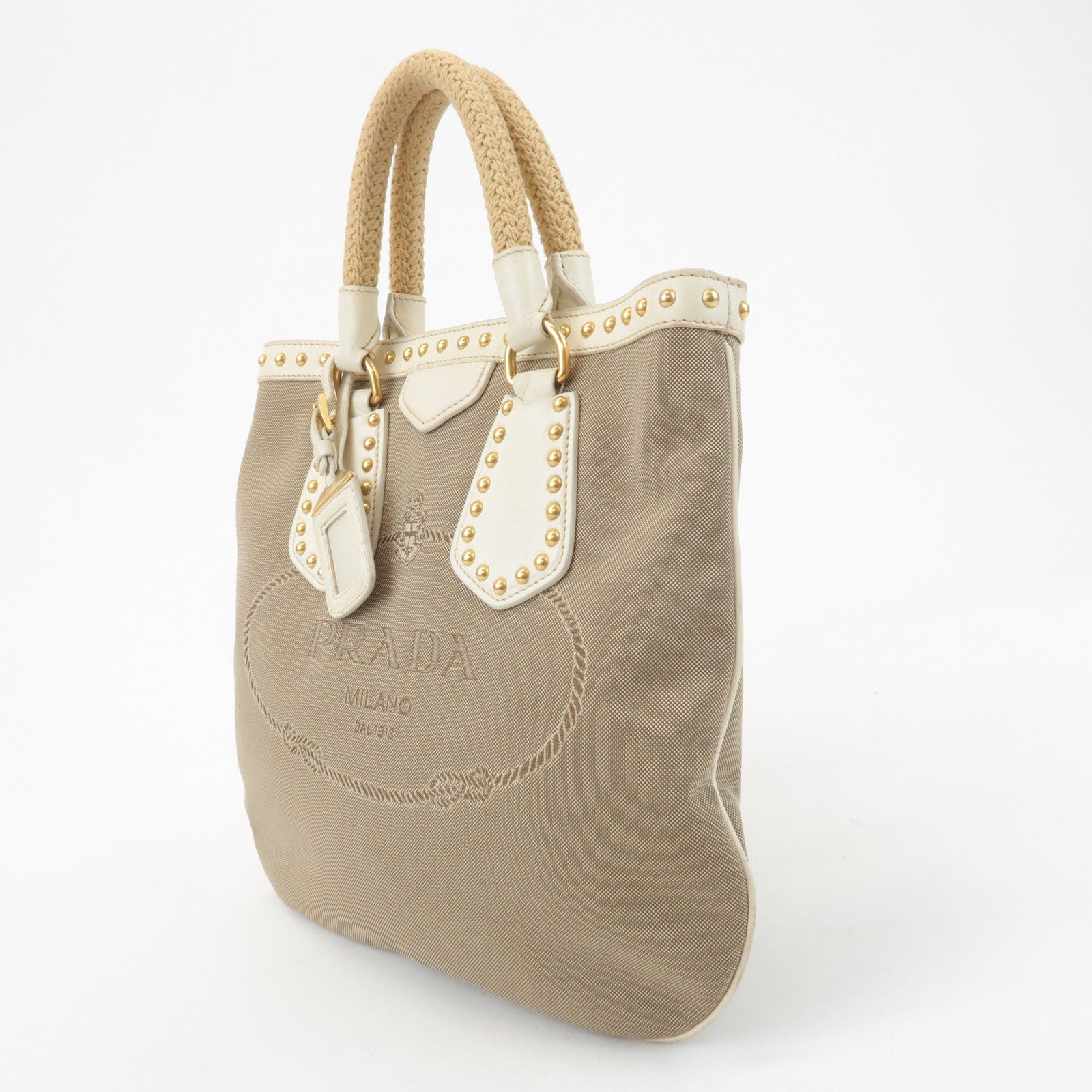 PRADA Canvas Leather 2WAY Logo Studs Hand Bag Beige BN1450 Used