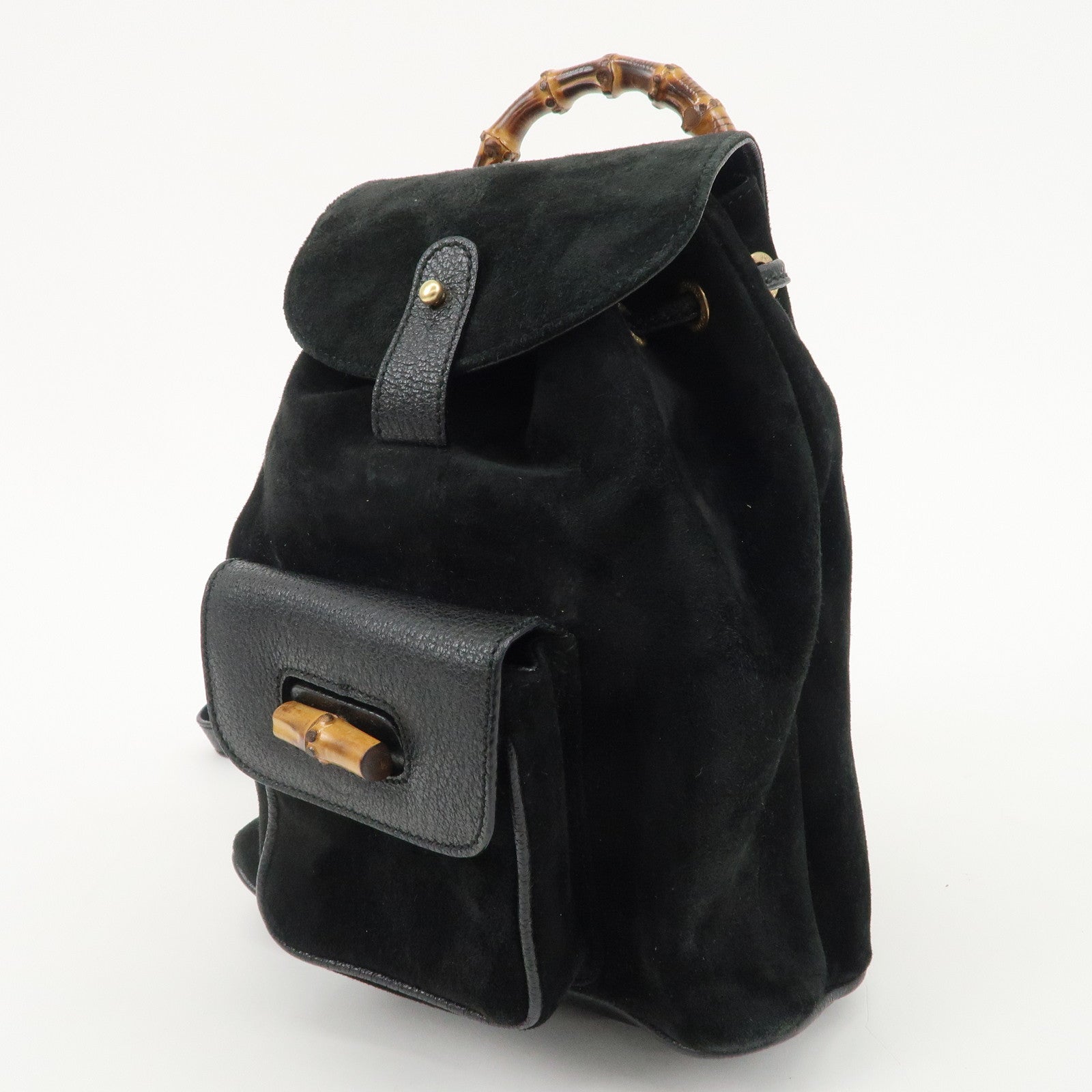 GUCCI Bamboo Suede Leather Back Pack Black 003.1956.0030 Used