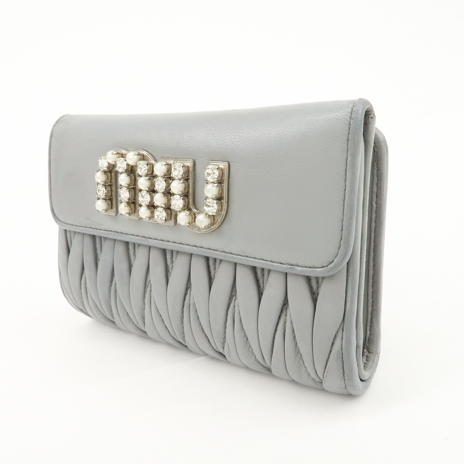 MIU MIU Matelasse Leather Bijoux Studs Tri-fold Wallet Gray