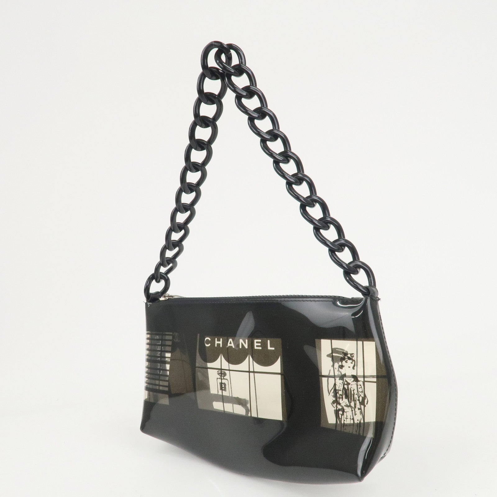 CHANEL Windows Line Vinyl Chain Shoulder Bag Black 8048946 Used