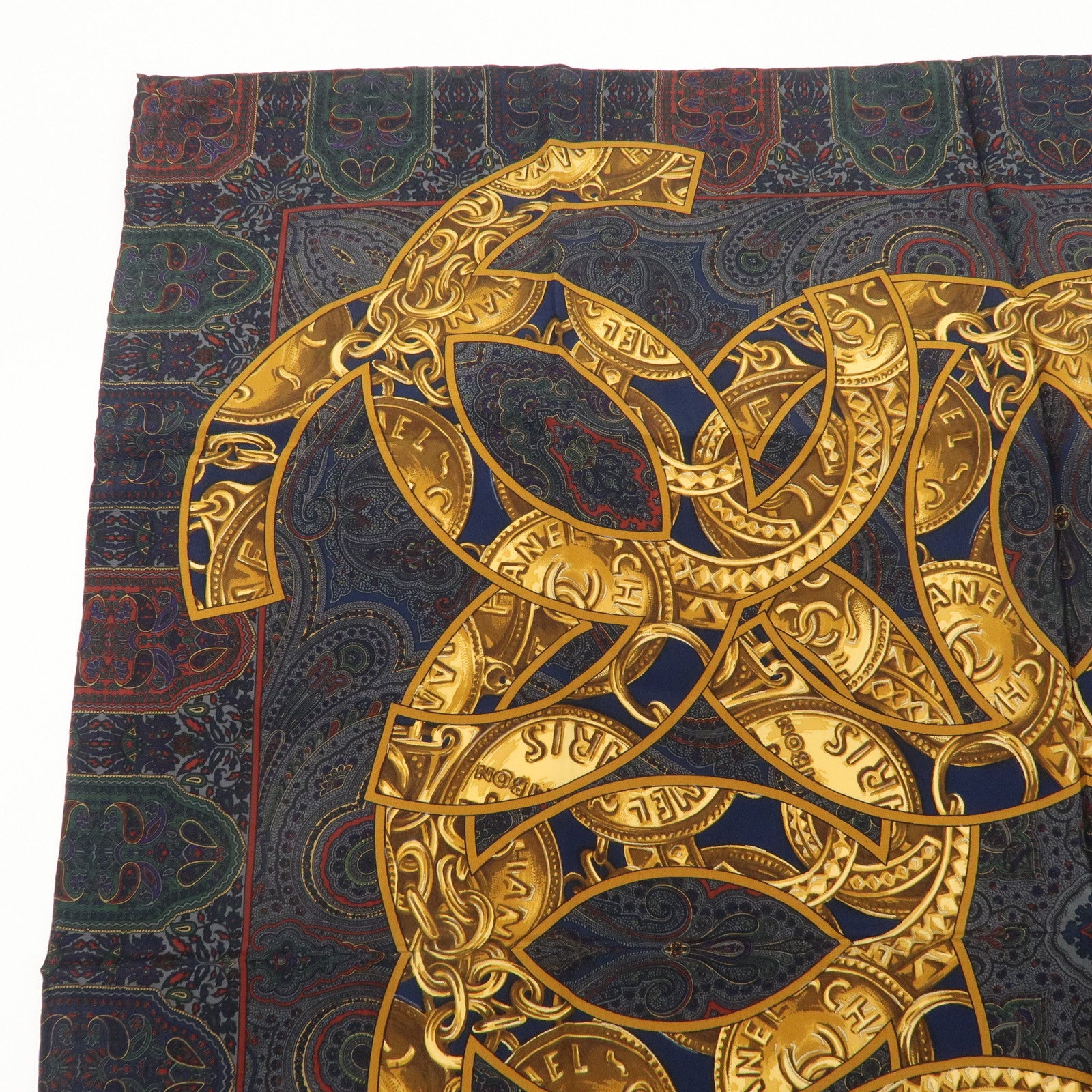 CHANEL Silk 100% Paisley Scarf Navy Giold Used