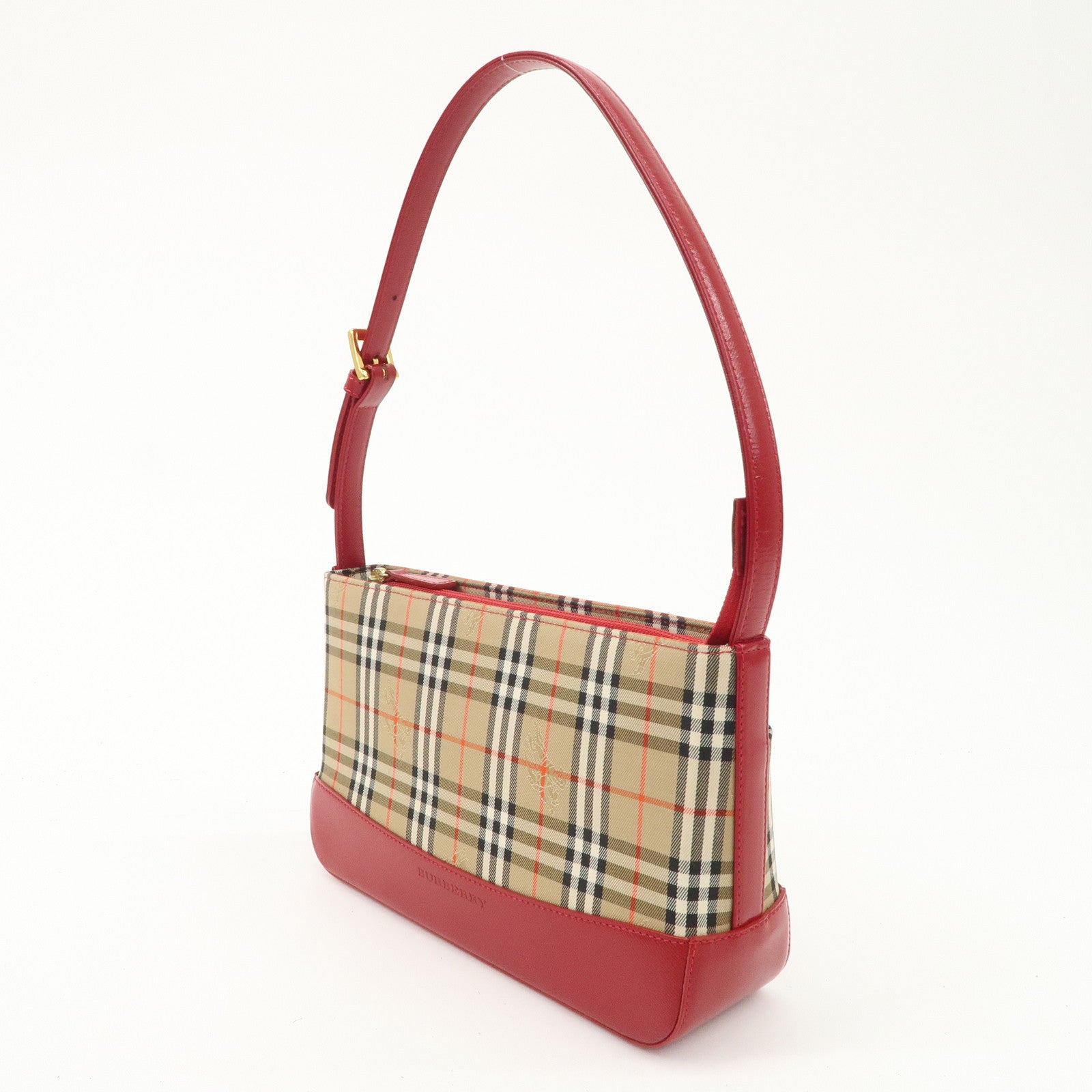 BURBERRY Nova Plaid Canvas Leather Shoulder Bag Hand Bag Red